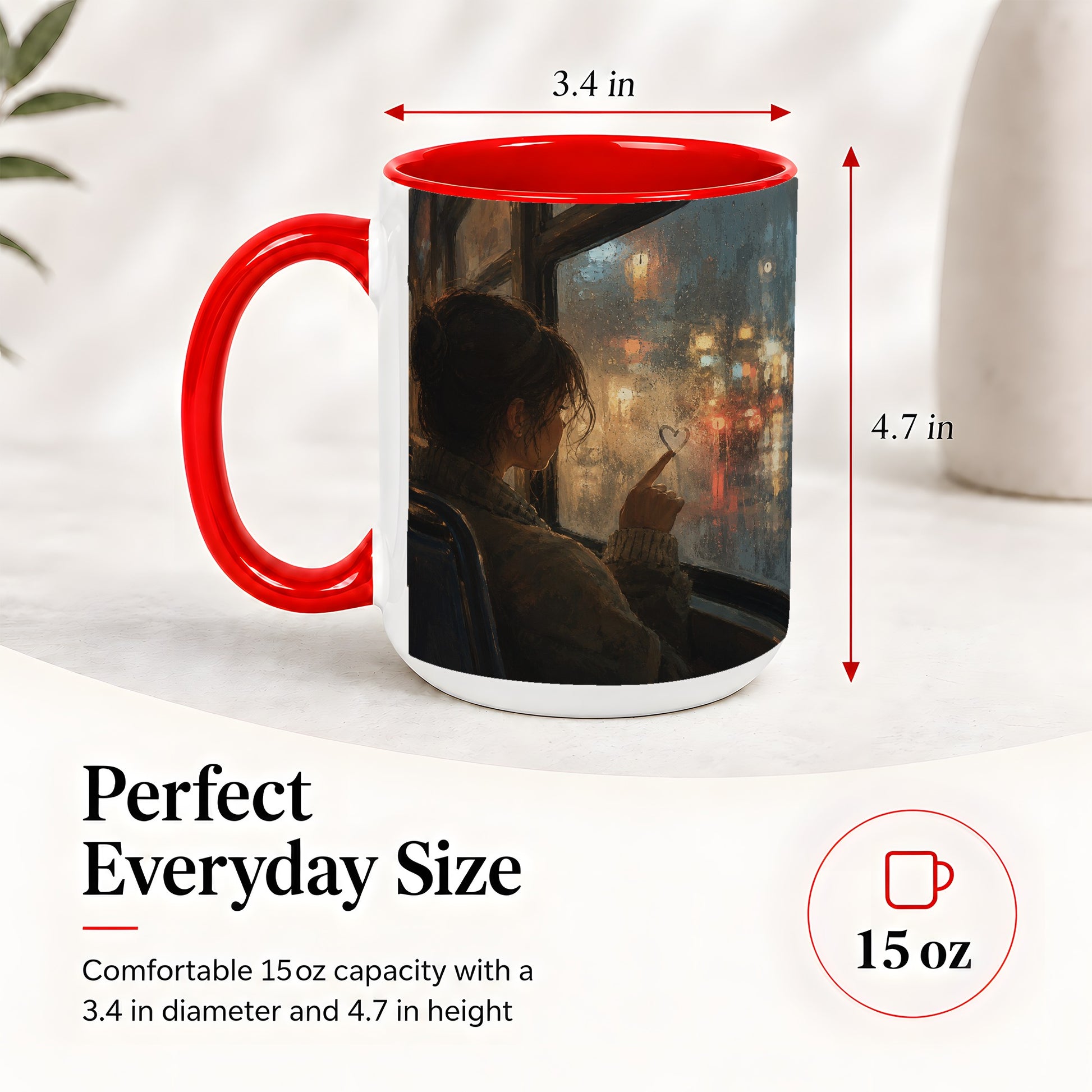 #pl[15oz|Red] Rainy Window Heart Ceramic Mug, Rainy Night City Art