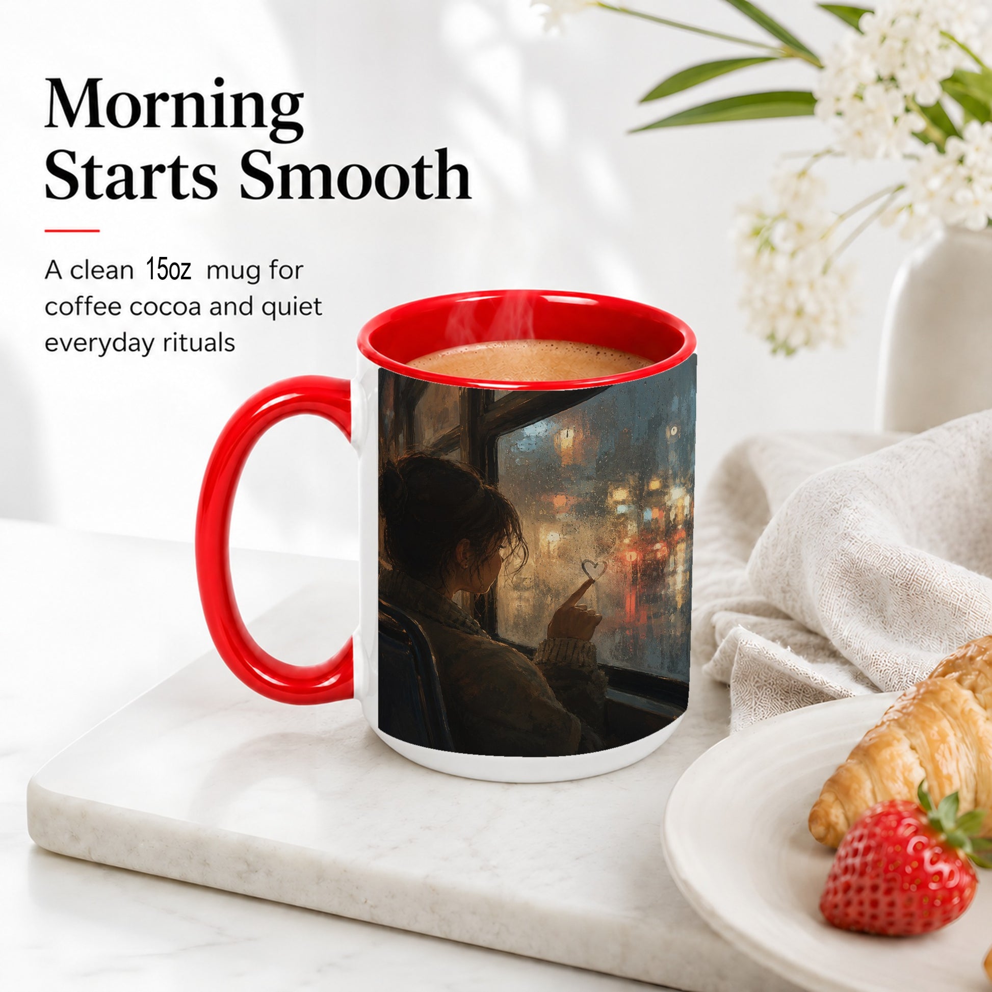 #pl[15oz|Red] Rainy Window Heart Ceramic Mug, Rainy Night City Art