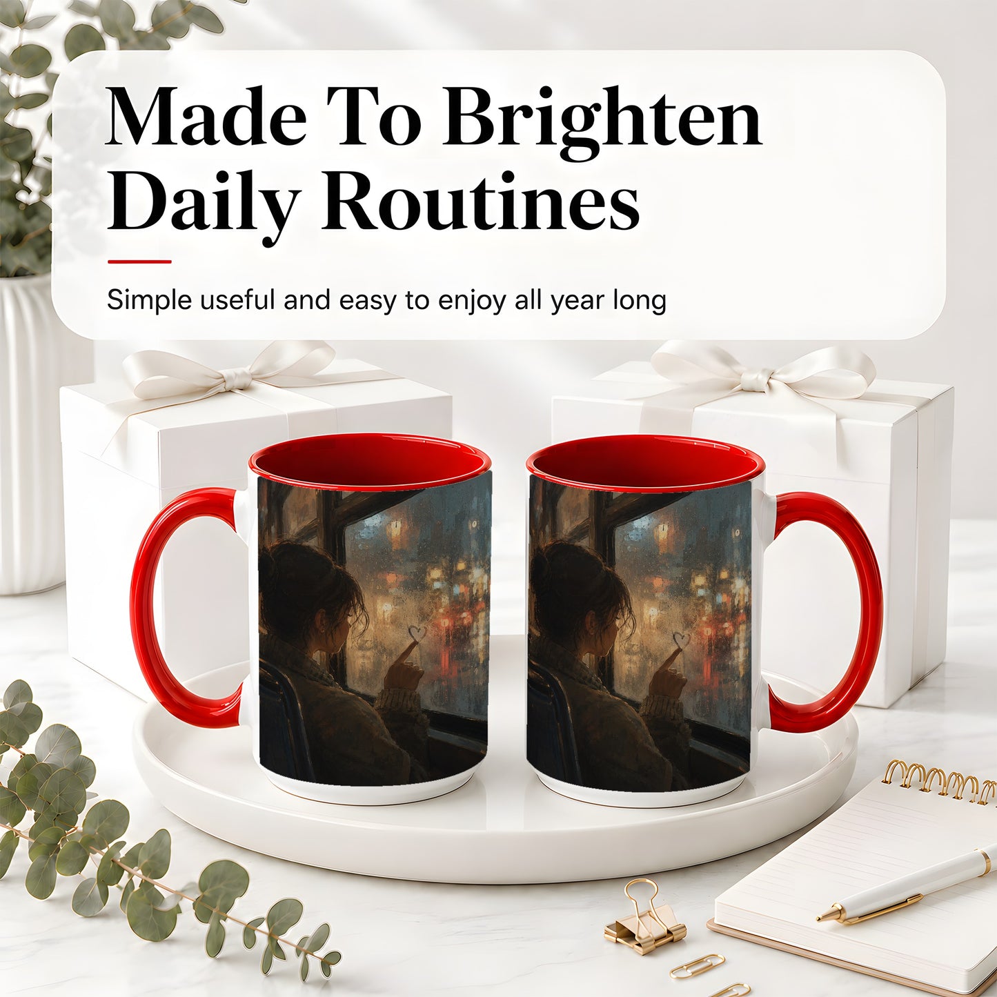 #pl[15oz|Red] Rainy Window Heart Ceramic Mug, Rainy Night City Art