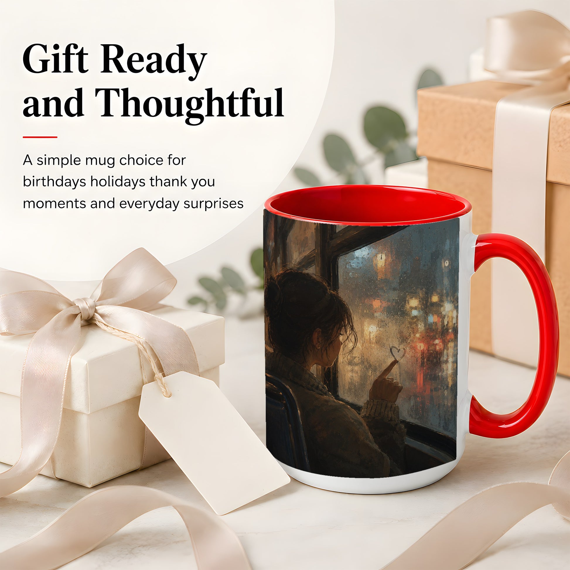 #pl[15oz|Red] Rainy Window Heart Ceramic Mug, Rainy Night City Art