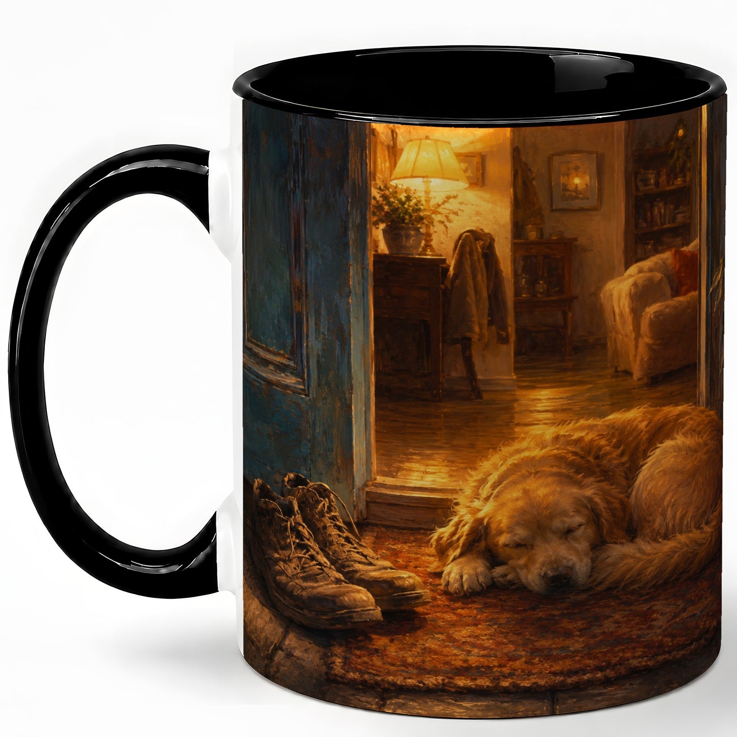 #pl[11oz|Black] Sleeping Dog Homecoming Ceramic Mug, Cozy Entryway Art