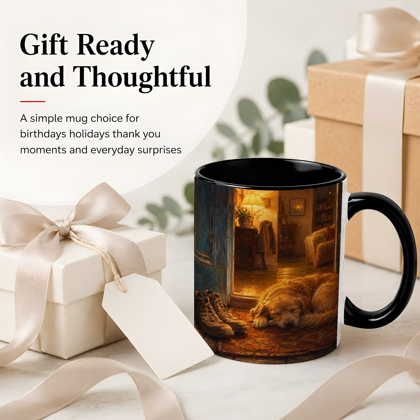 #pl[11oz|Black] Sleeping Dog Homecoming Ceramic Mug, Cozy Entryway Art