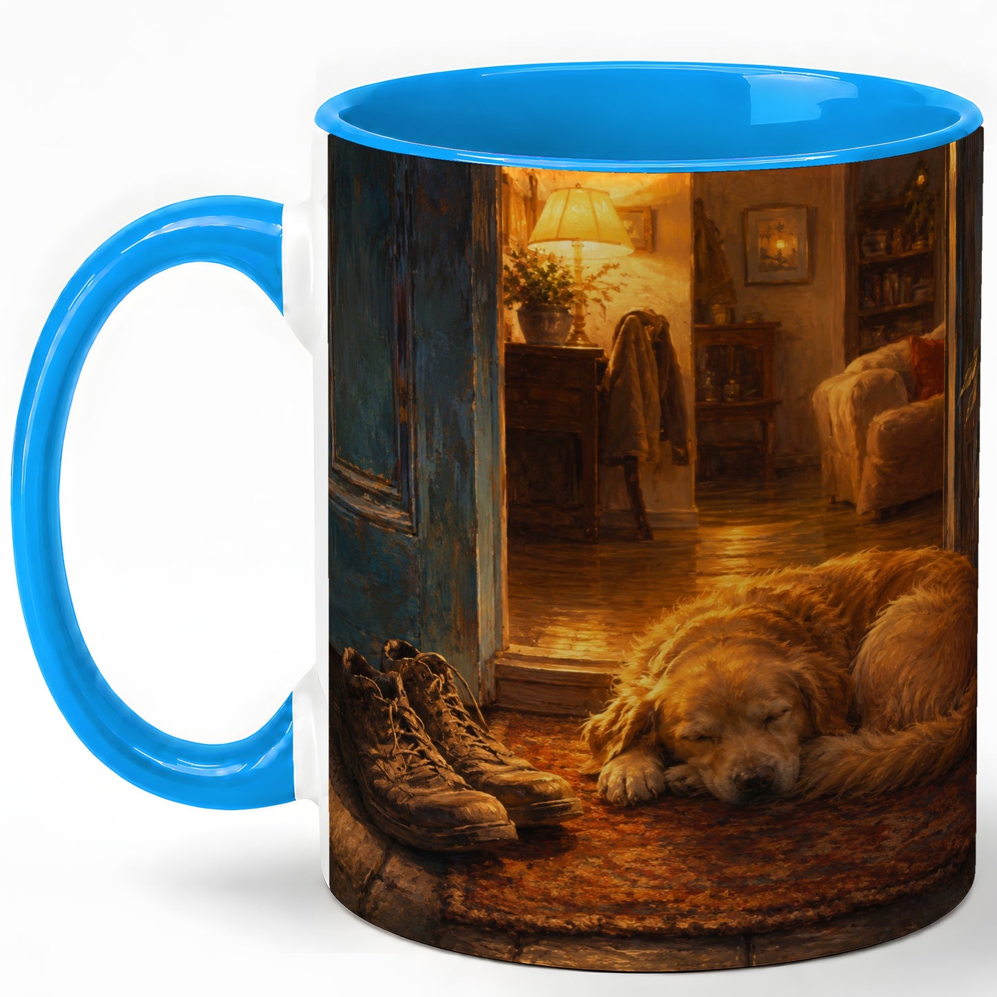 #pl[11oz|Blue] Sleeping Dog Homecoming Ceramic Mug, Cozy Entryway Art