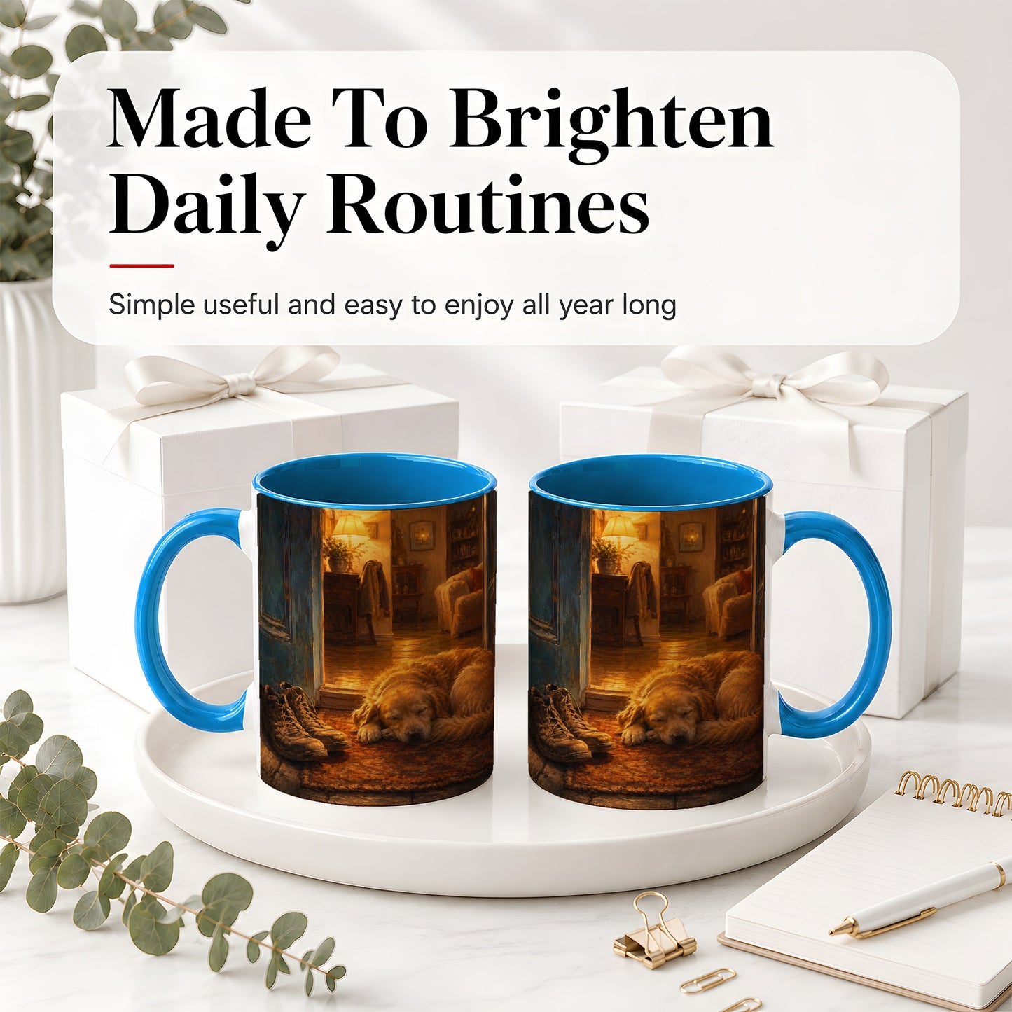 #pl[11oz|Blue] Sleeping Dog Homecoming Ceramic Mug, Cozy Entryway Art