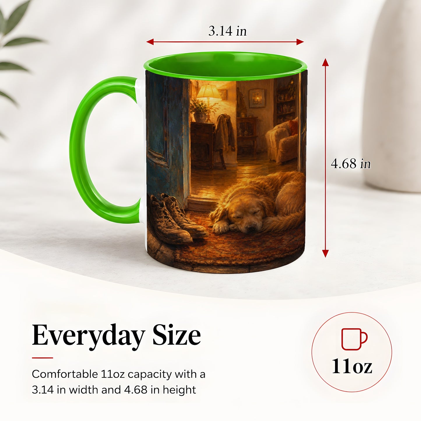 #pl[11oz|Green] Sleeping Dog Homecoming Ceramic Mug, Cozy Entryway Art