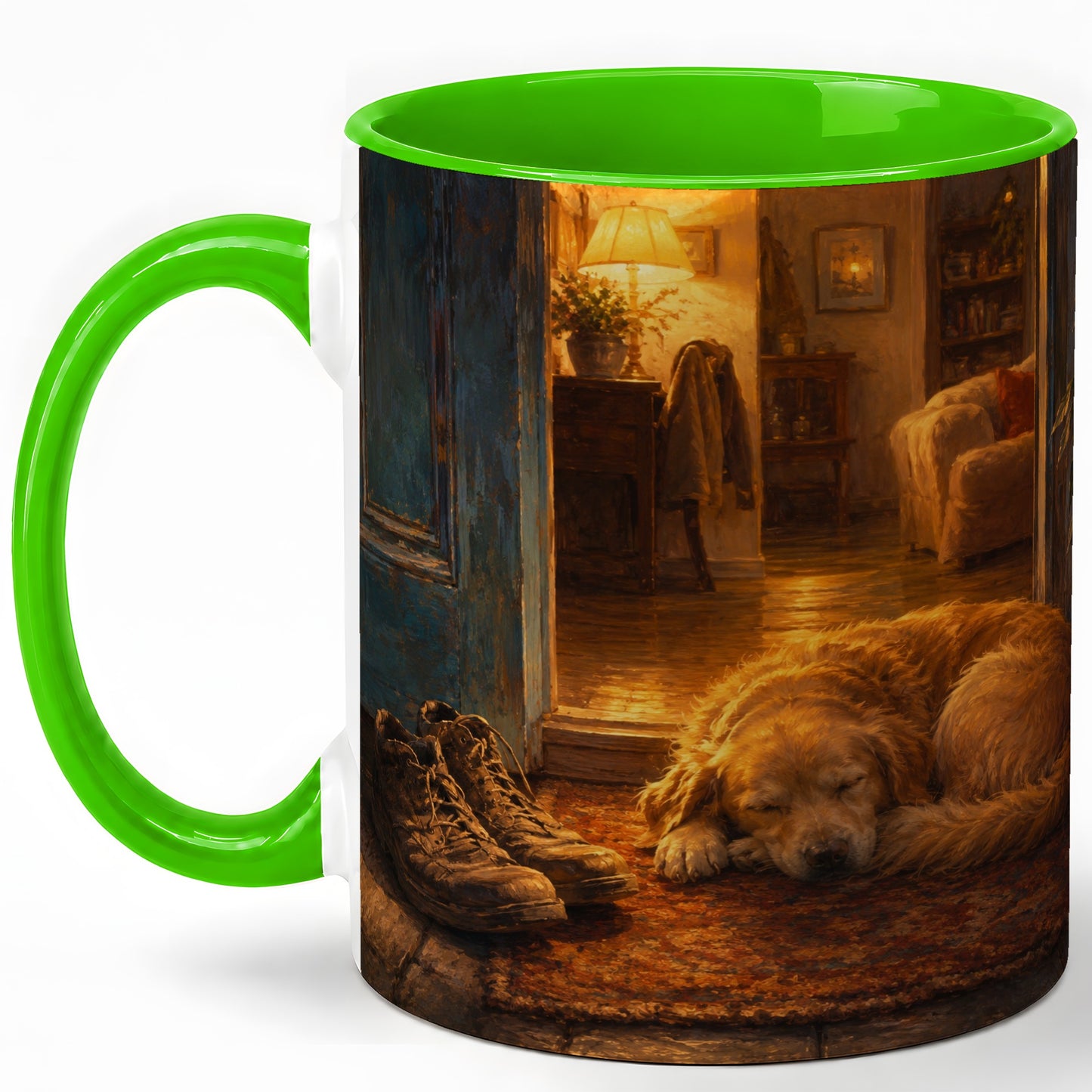 #pl[11oz|Green] Sleeping Dog Homecoming Ceramic Mug, Cozy Entryway Art