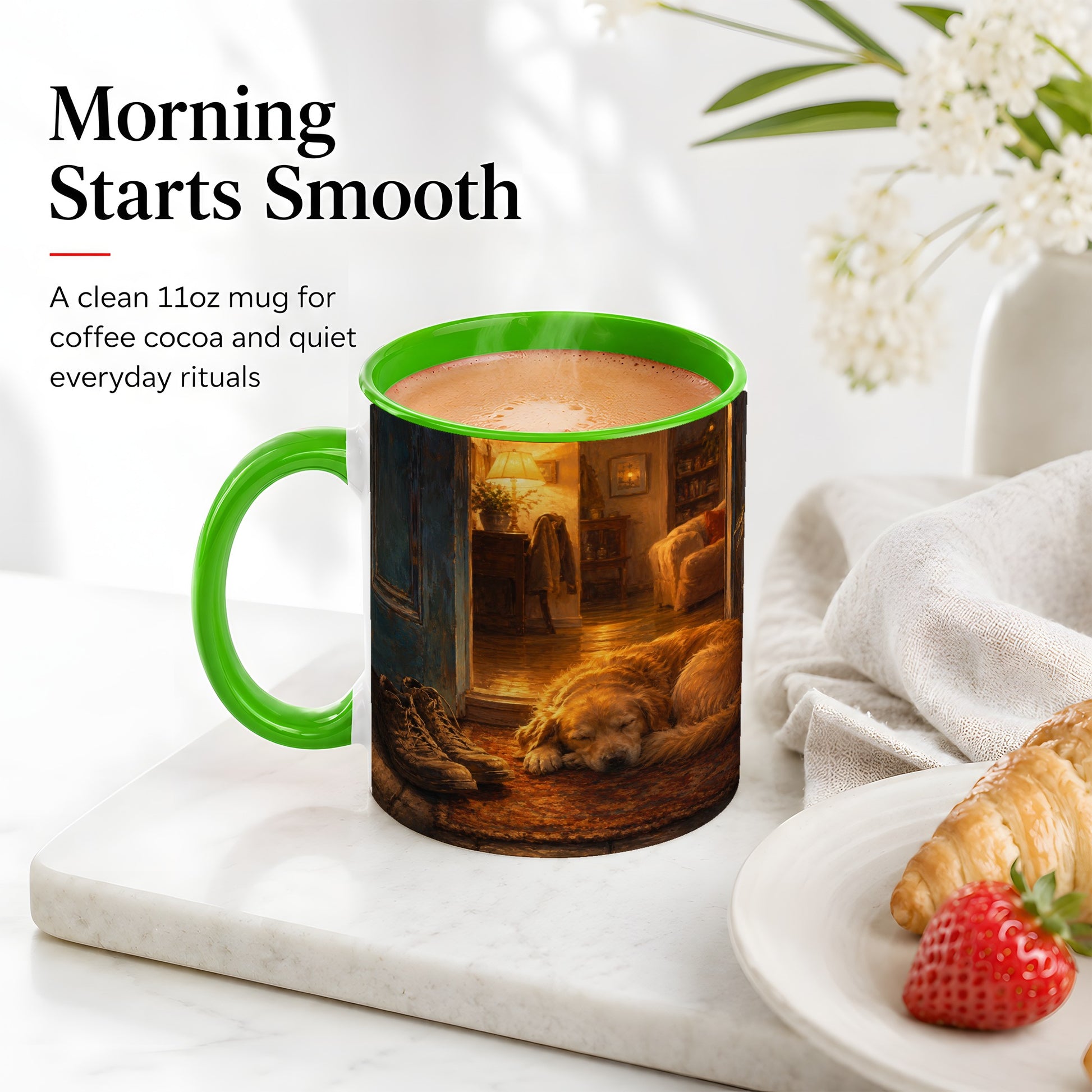 #pl[11oz|Green] Sleeping Dog Homecoming Ceramic Mug, Cozy Entryway Art