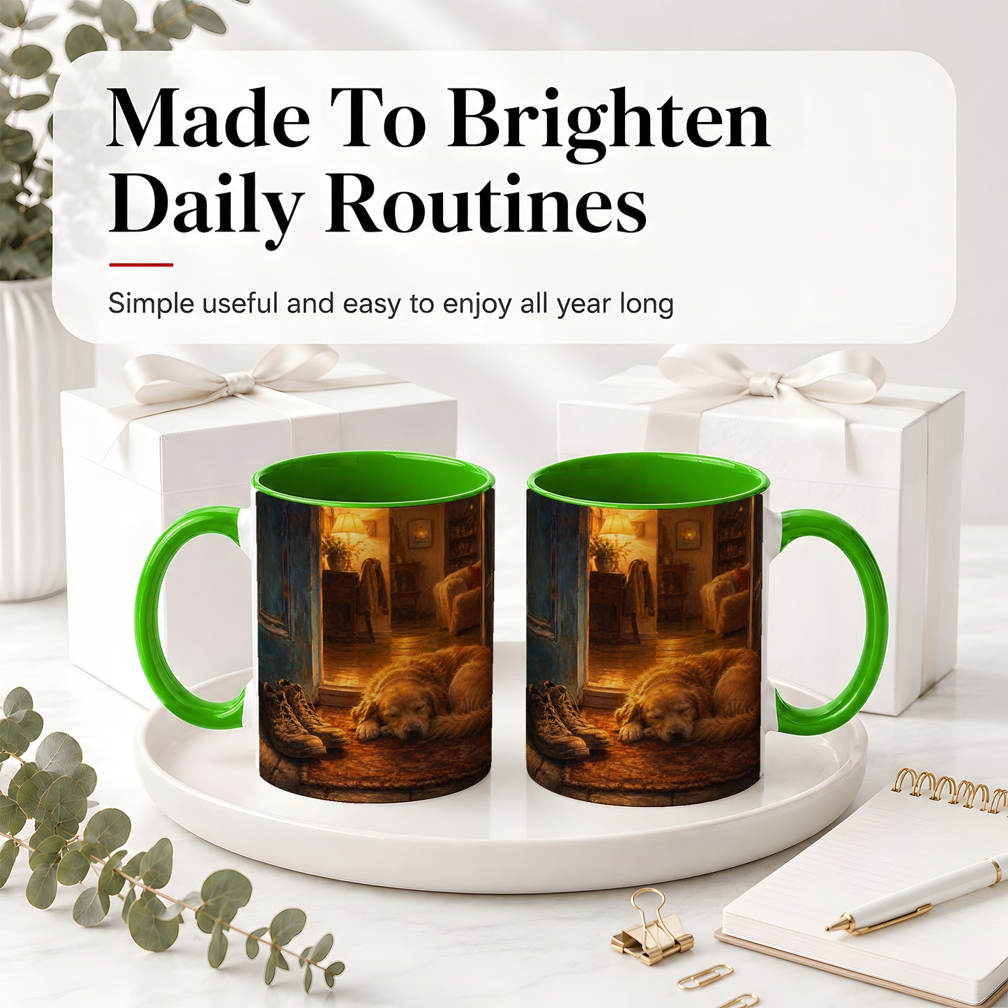 #pl[11oz|Green] Sleeping Dog Homecoming Ceramic Mug, Cozy Entryway Art