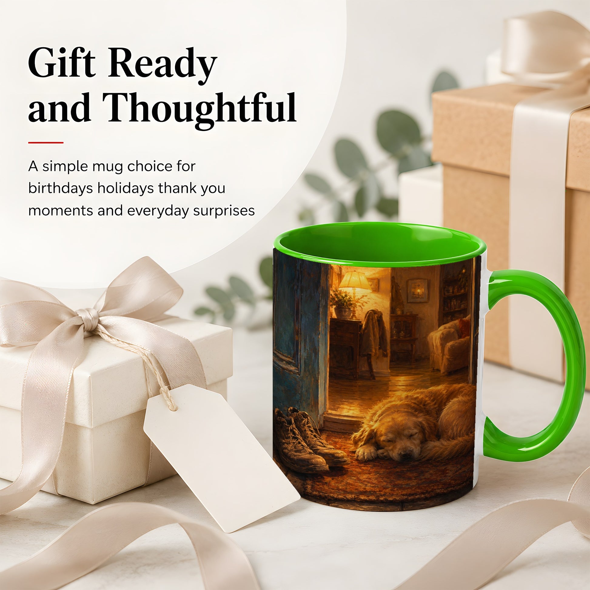 #pl[11oz|Green] Sleeping Dog Homecoming Ceramic Mug, Cozy Entryway Art
