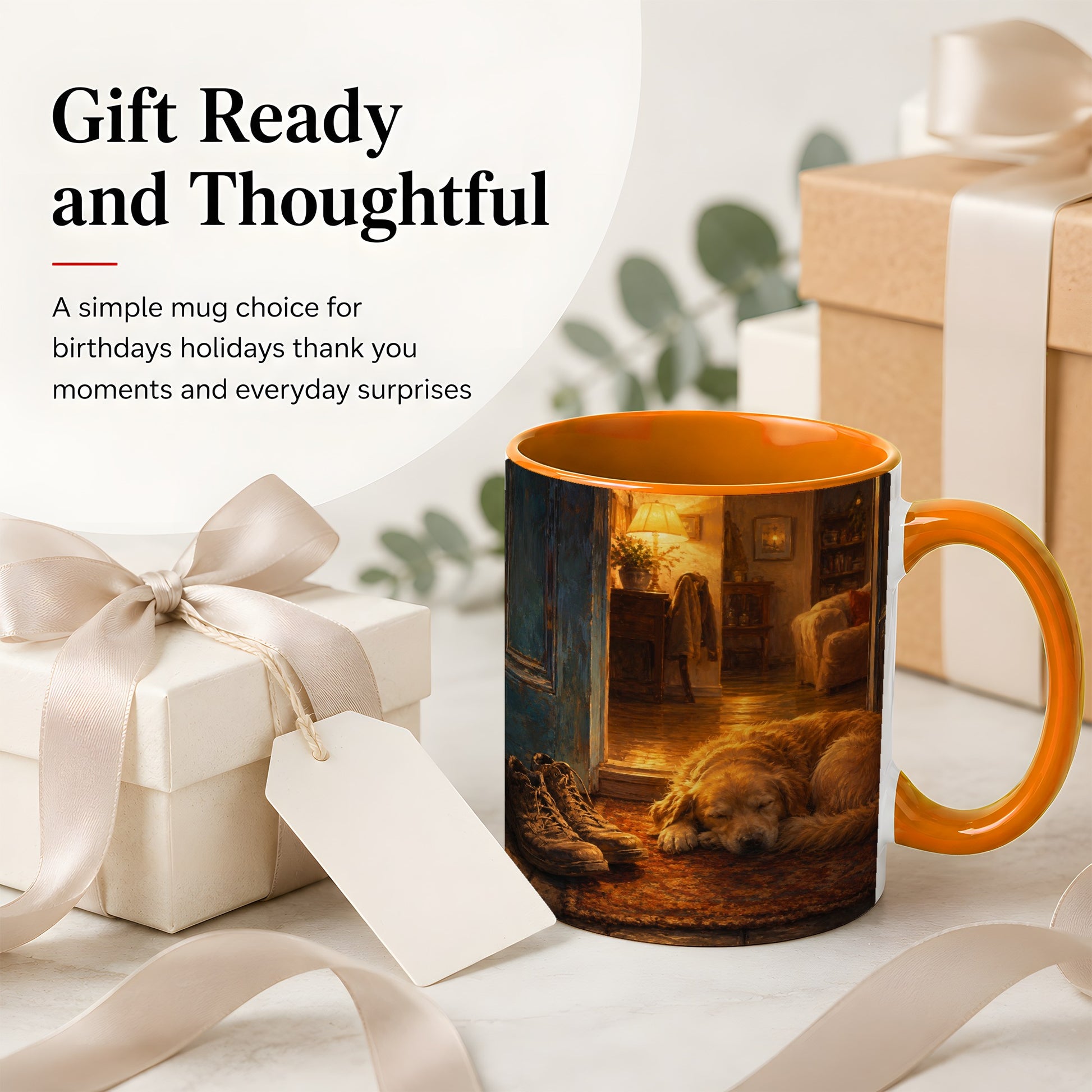 #pl[11oz|Orange] Sleeping Dog Homecoming Ceramic Mug, Cozy Entryway Art