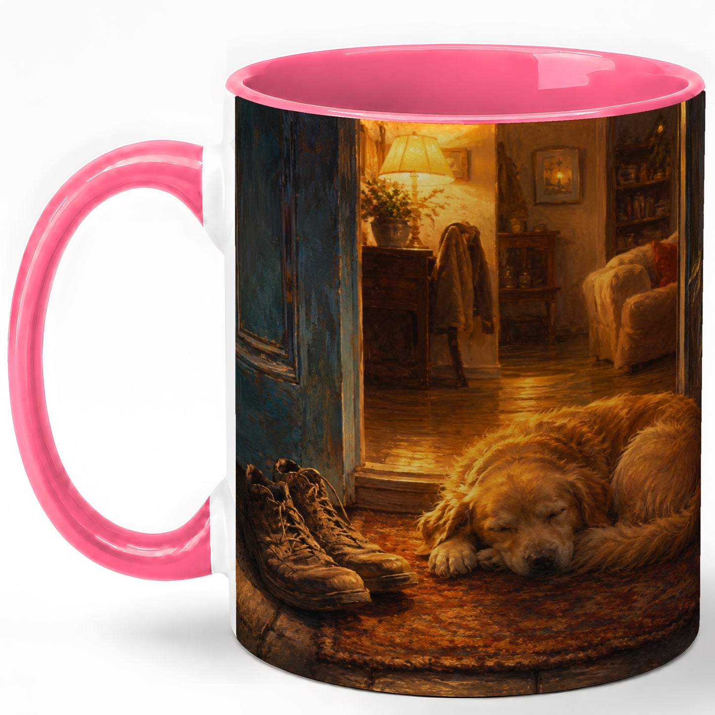 #pl[11oz|Pink] Sleeping Dog Homecoming Ceramic Mug, Cozy Entryway Art