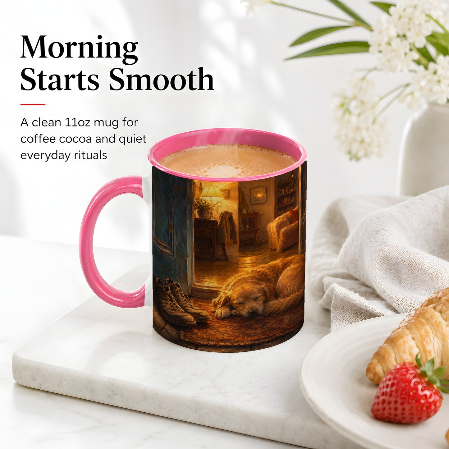 #pl[11oz|Pink] Sleeping Dog Homecoming Ceramic Mug, Cozy Entryway Art