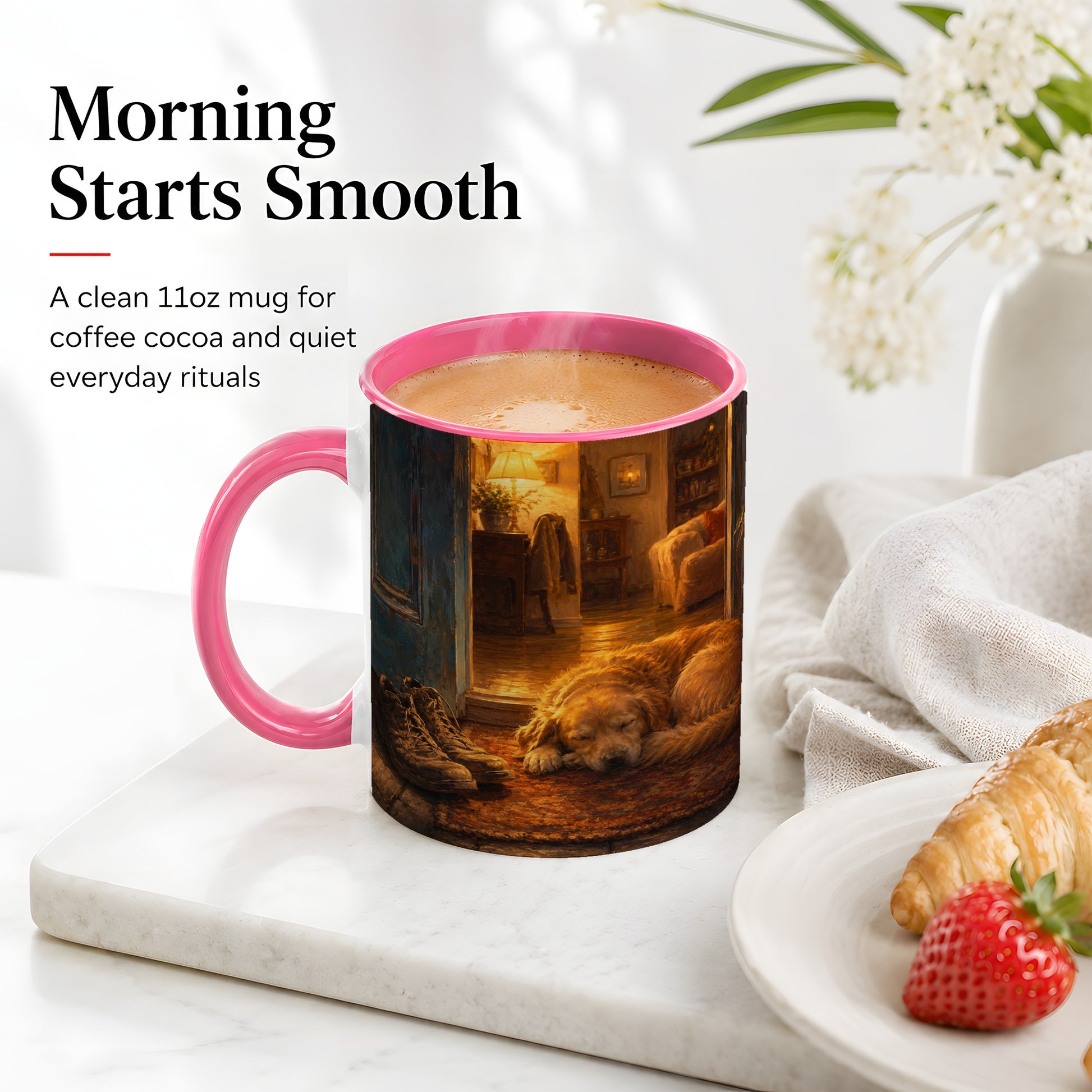 #pl[11oz|Pink] Sleeping Dog Homecoming Ceramic Mug, Cozy Entryway Art