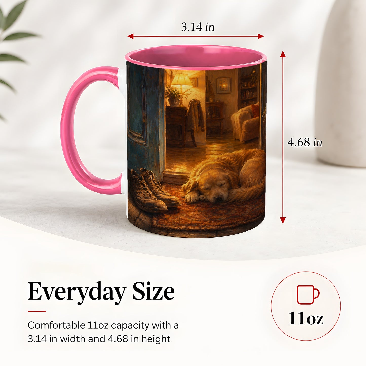 #pl[11oz|Pink] Sleeping Dog Homecoming Ceramic Mug, Cozy Entryway Art