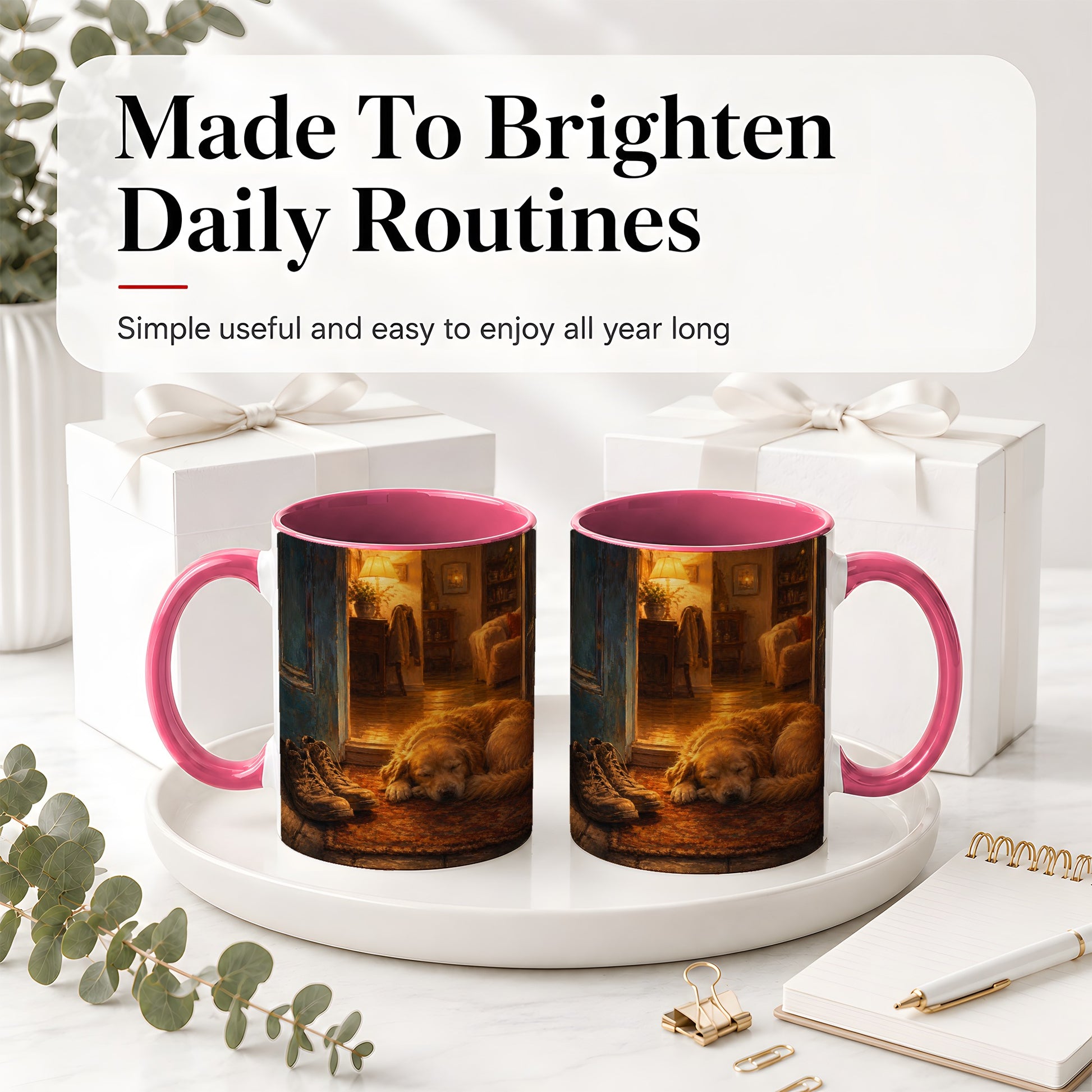 #pl[11oz|Pink] Sleeping Dog Homecoming Ceramic Mug, Cozy Entryway Art