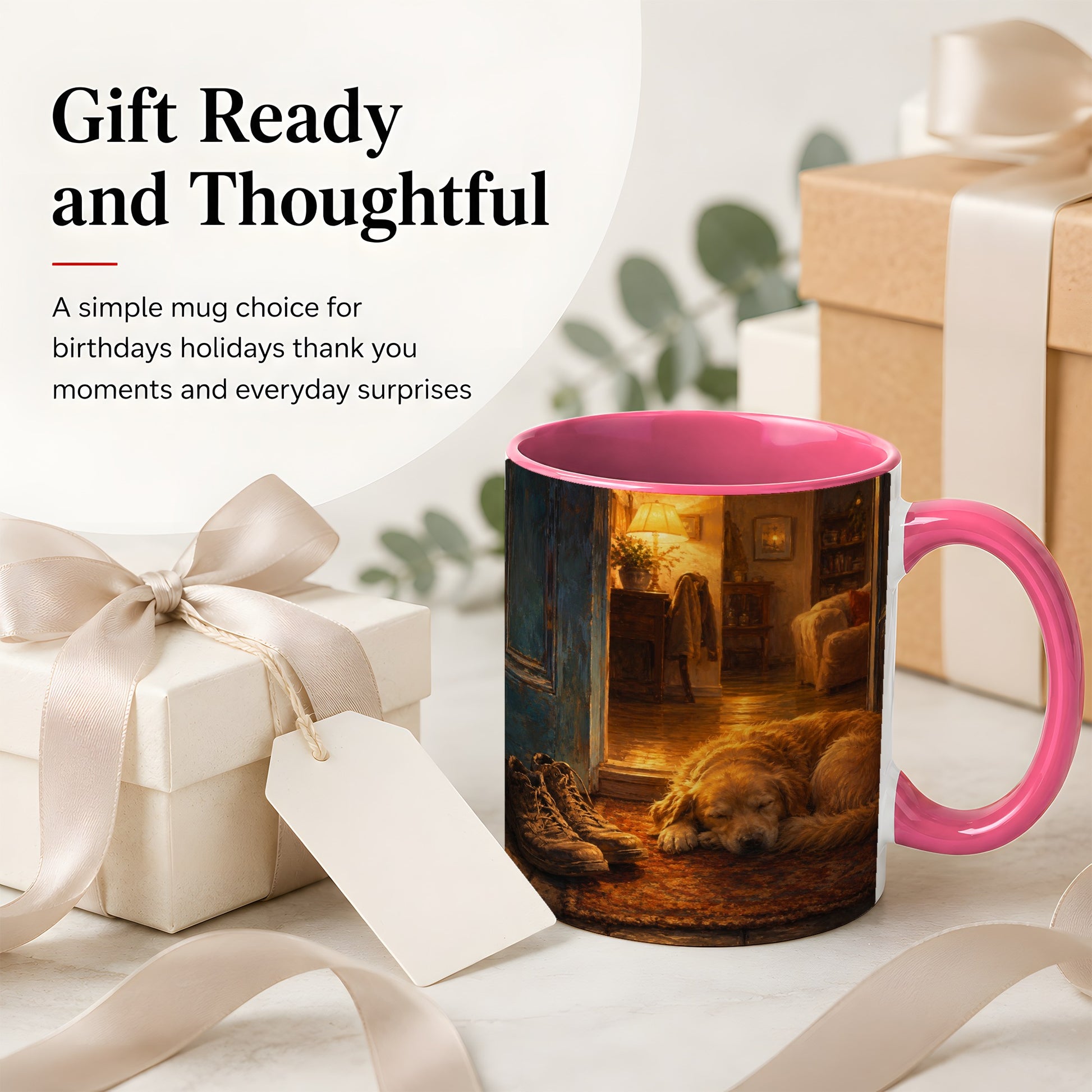 #pl[11oz|Pink] Sleeping Dog Homecoming Ceramic Mug, Cozy Entryway Art