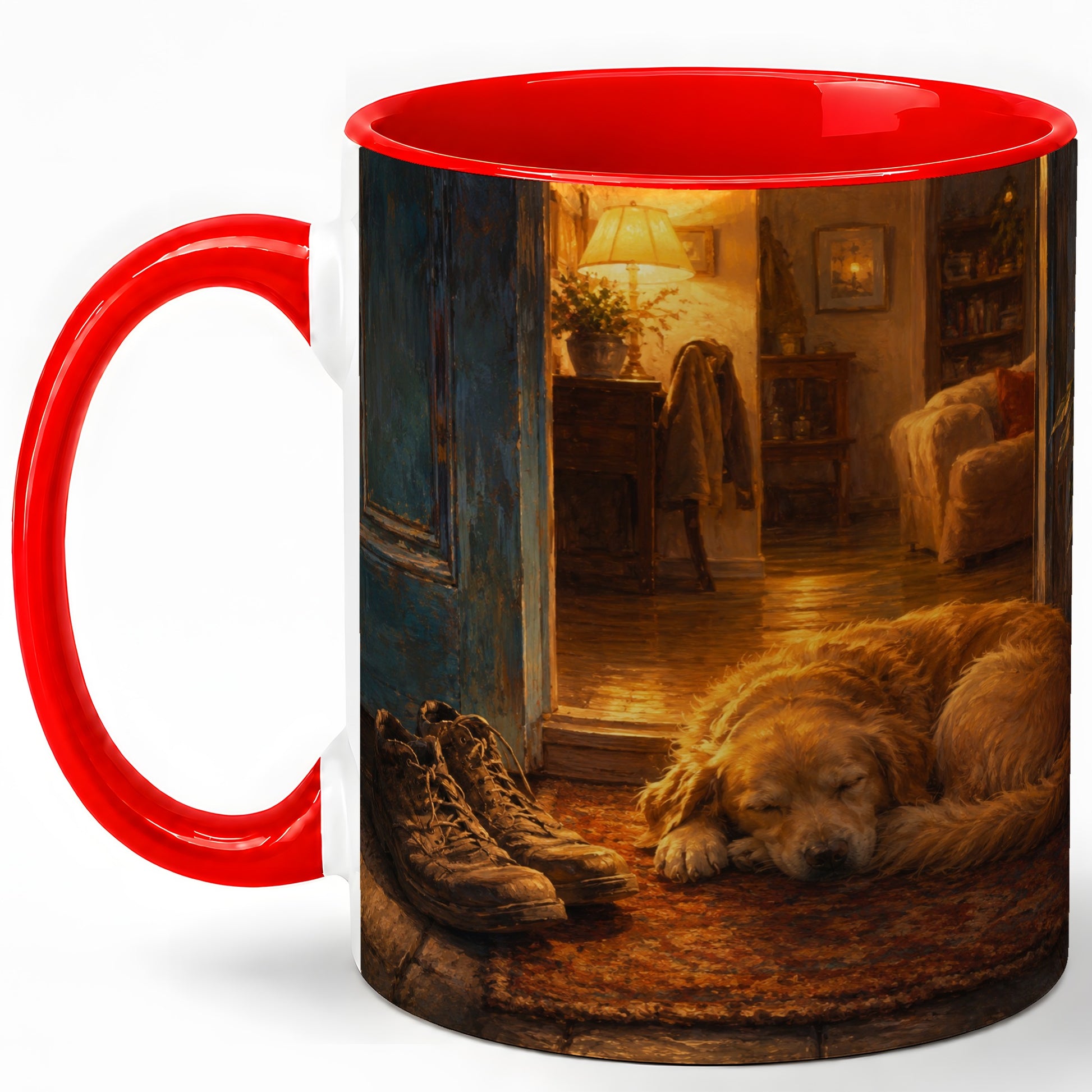 Sleeping Dog Homecoming Ceramic Mug, Cozy Entryway Art