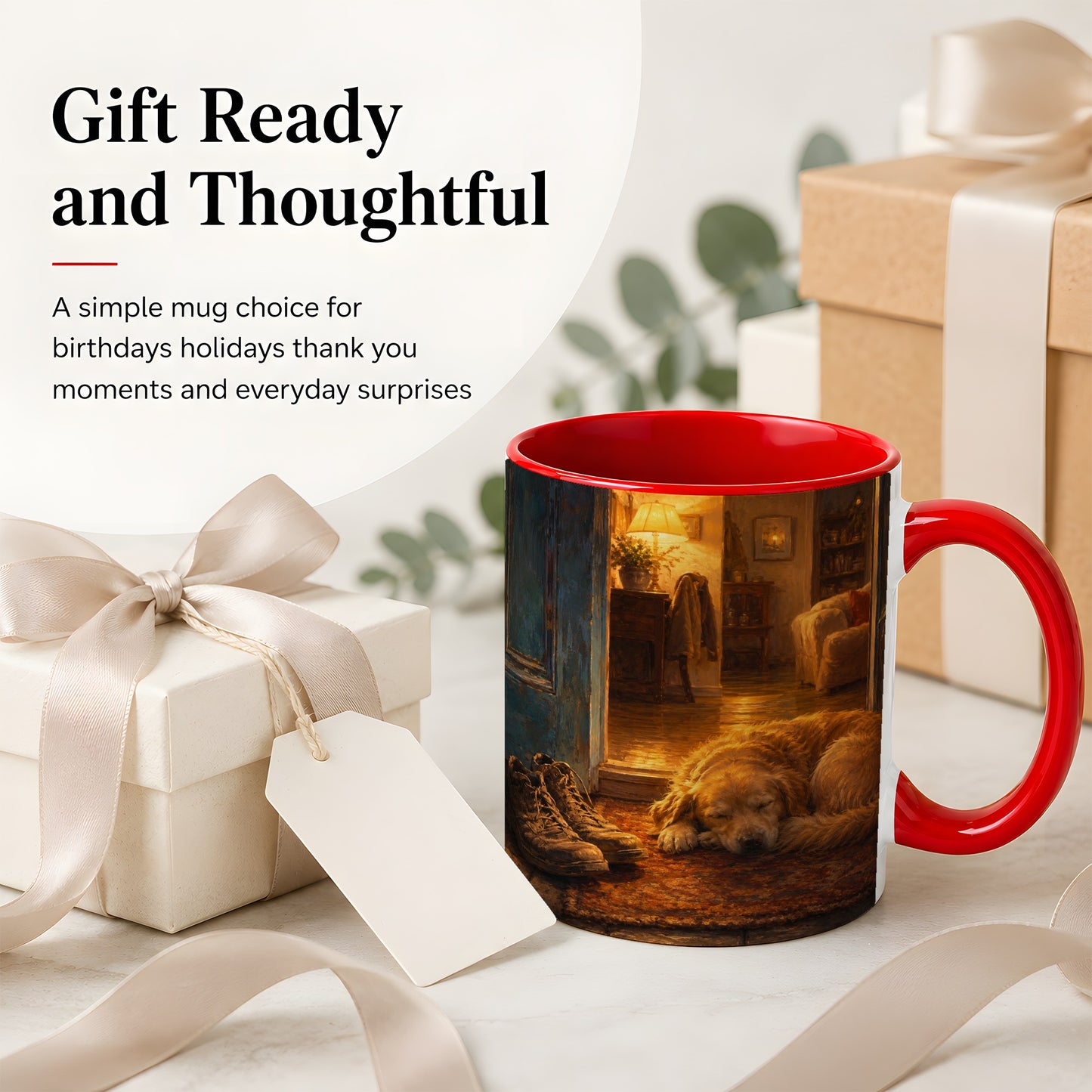 #pl[11oz|Red] Sleeping Dog Homecoming Ceramic Mug, Cozy Entryway Art