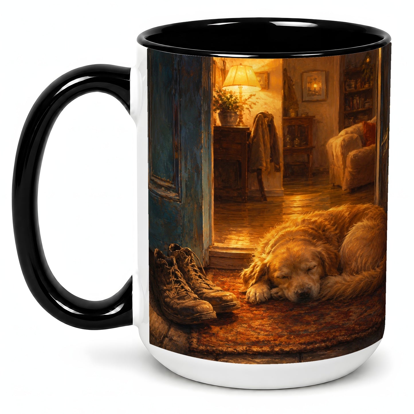 #pl[15oz|Black] Sleeping Dog Homecoming Ceramic Mug, Cozy Entryway Art