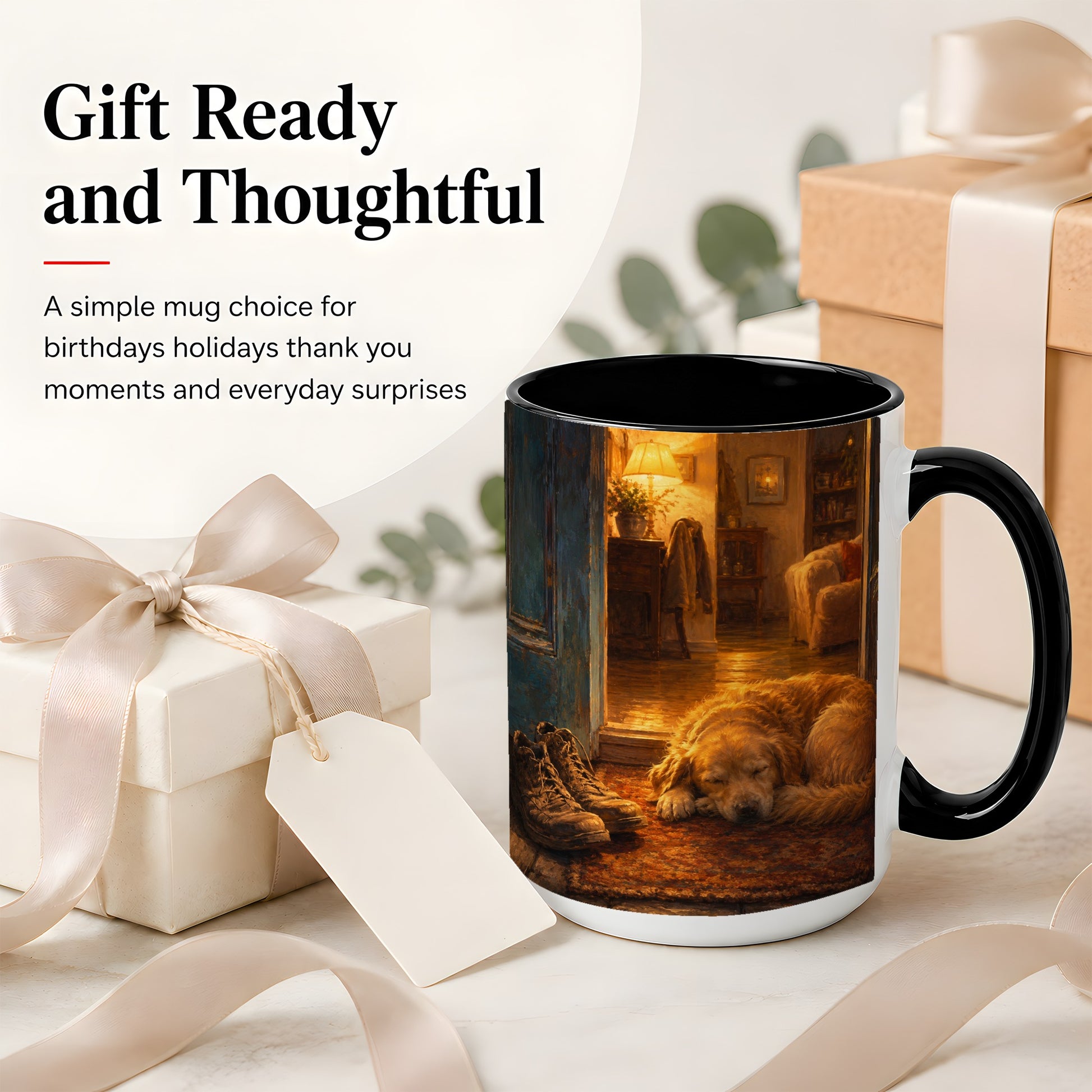 #pl[15oz|Black] Sleeping Dog Homecoming Ceramic Mug, Cozy Entryway Art