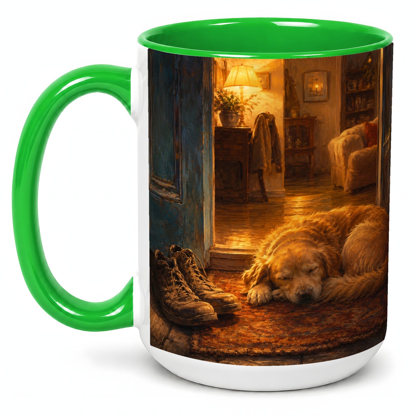 #pl[15oz|Green] Sleeping Dog Homecoming Ceramic Mug, Cozy Entryway Art
