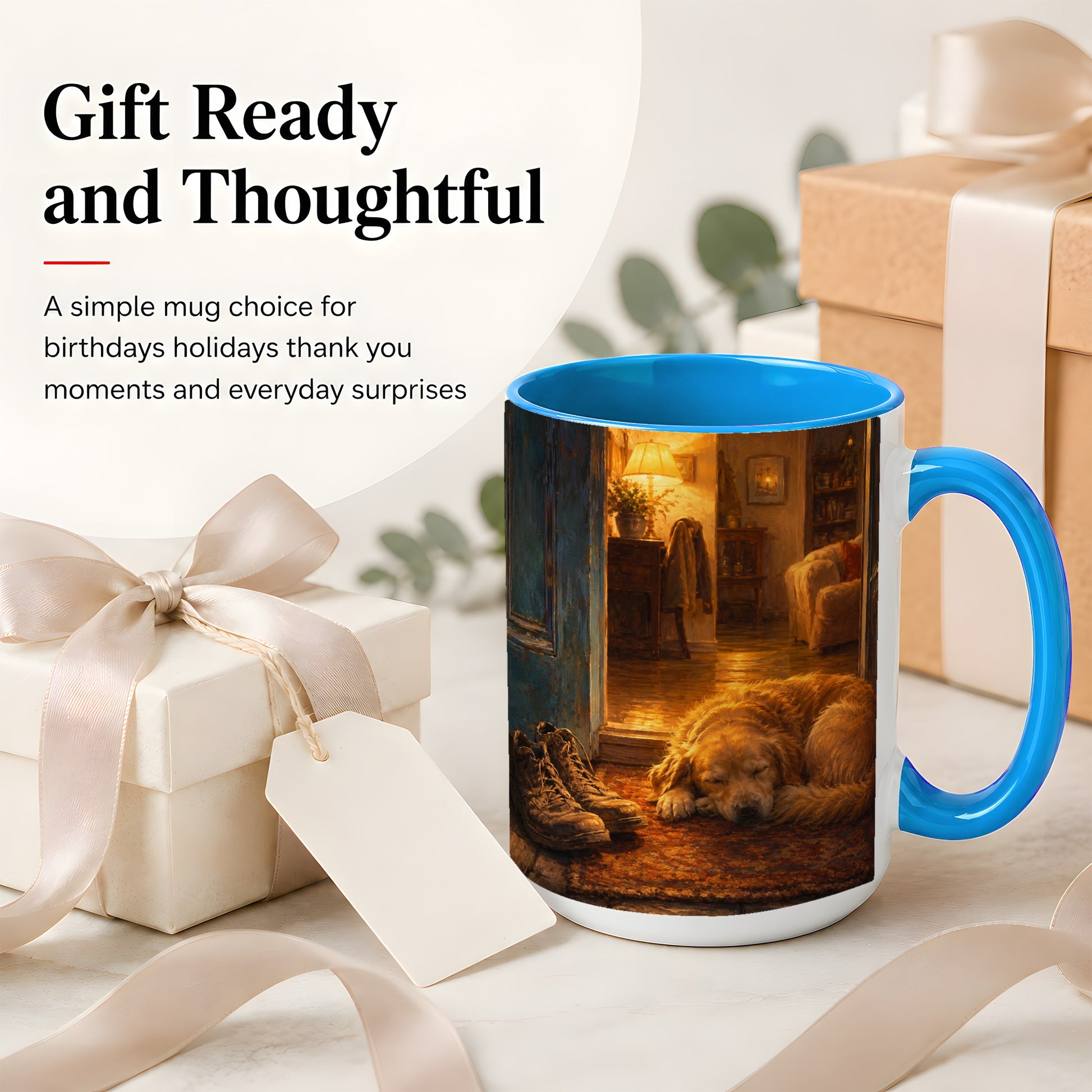 #pl[15oz|Blue] Sleeping Dog Homecoming Ceramic Mug, Cozy Entryway Art