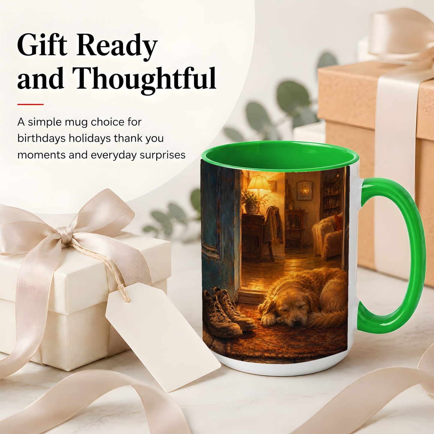 #pl[15oz|Green] Sleeping Dog Homecoming Ceramic Mug, Cozy Entryway Art