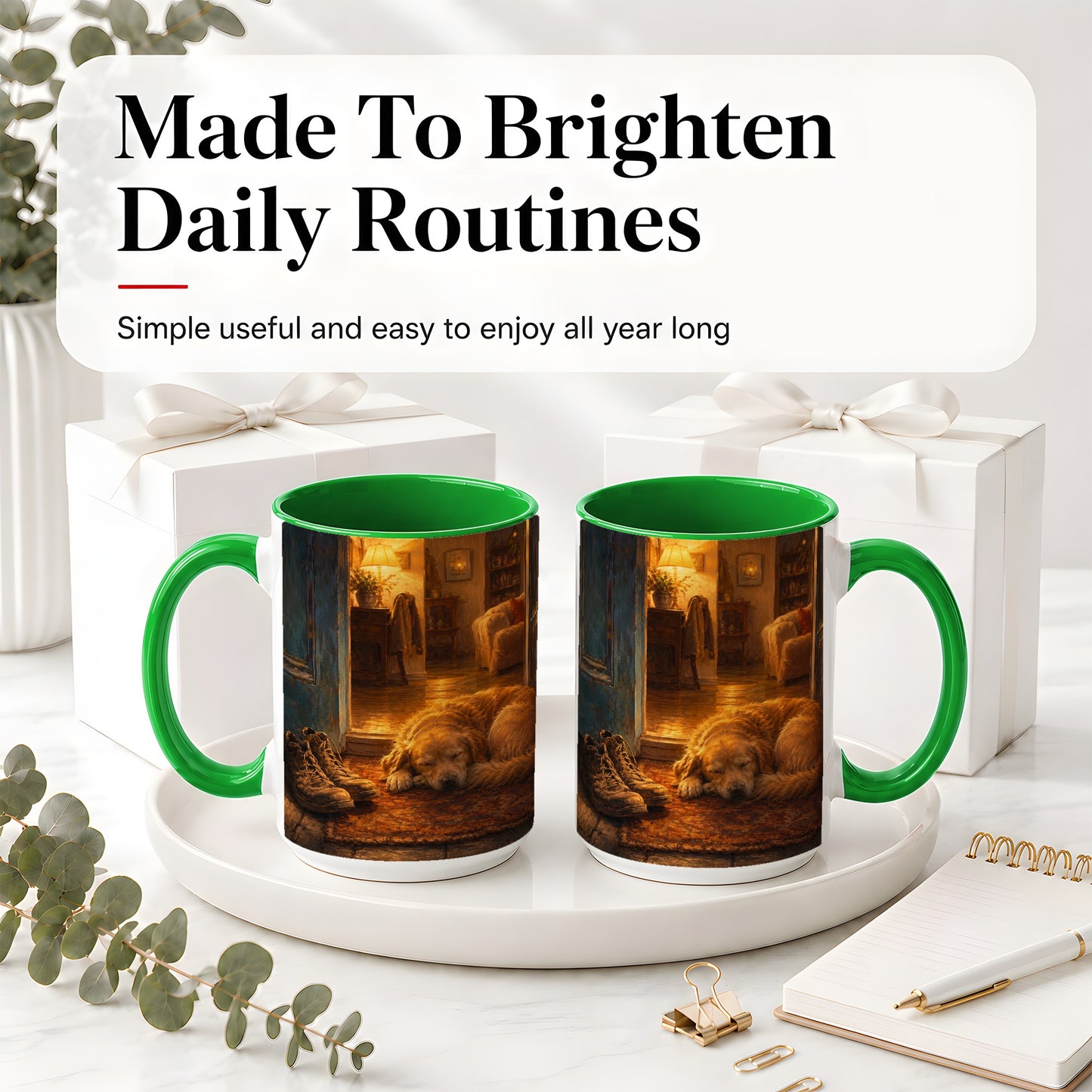 #pl[15oz|Green] Sleeping Dog Homecoming Ceramic Mug, Cozy Entryway Art