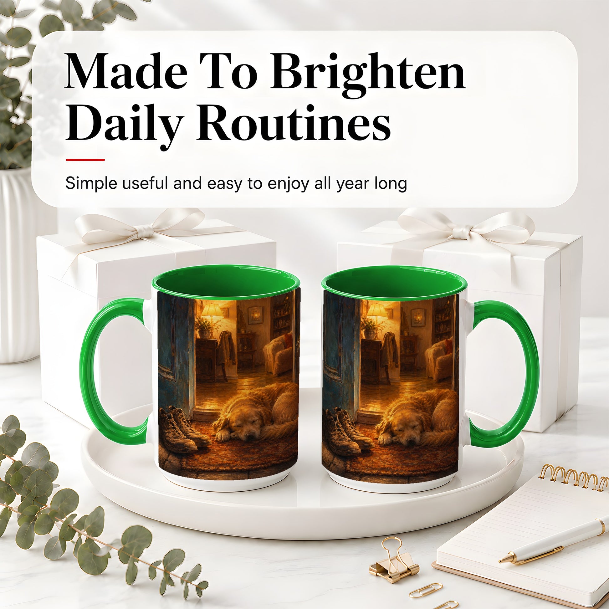 #pl[15oz|Green] Sleeping Dog Homecoming Ceramic Mug, Cozy Entryway Art