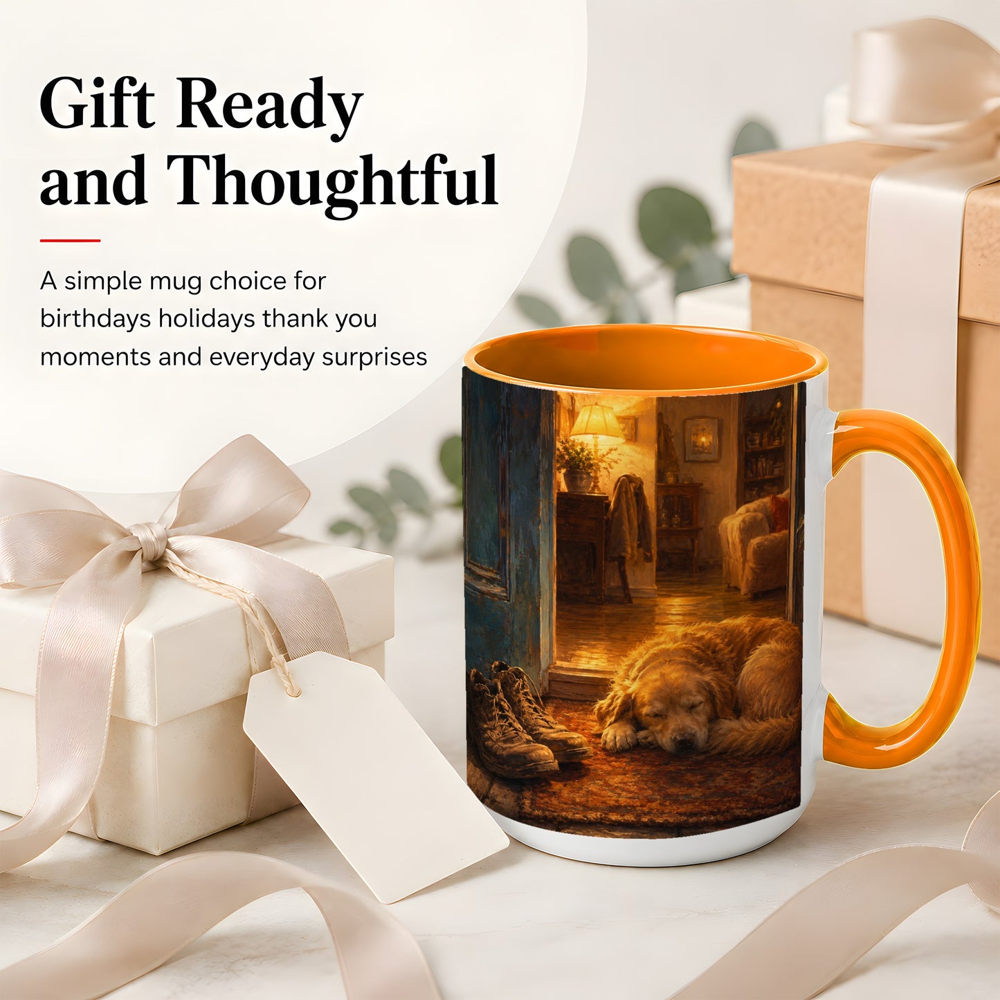#pl[15oz|Orange] Sleeping Dog Homecoming Ceramic Mug, Cozy Entryway Art
