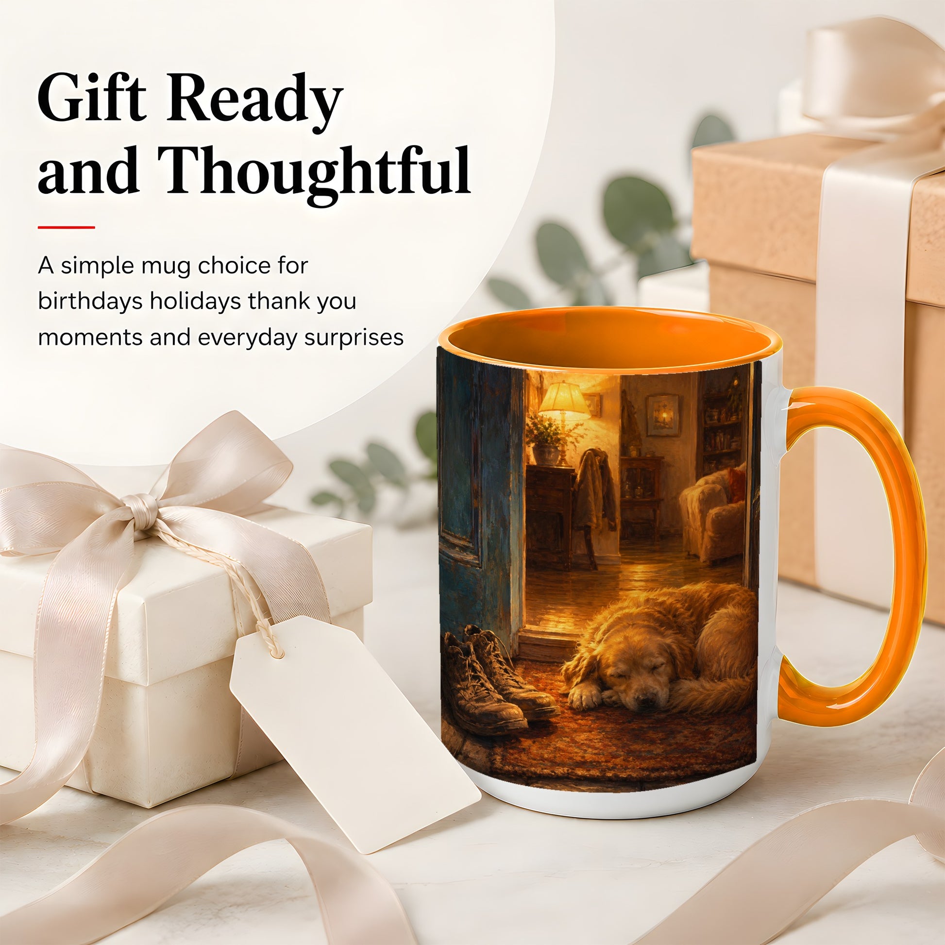 #pl[15oz|Orange] Sleeping Dog Homecoming Ceramic Mug, Cozy Entryway Art