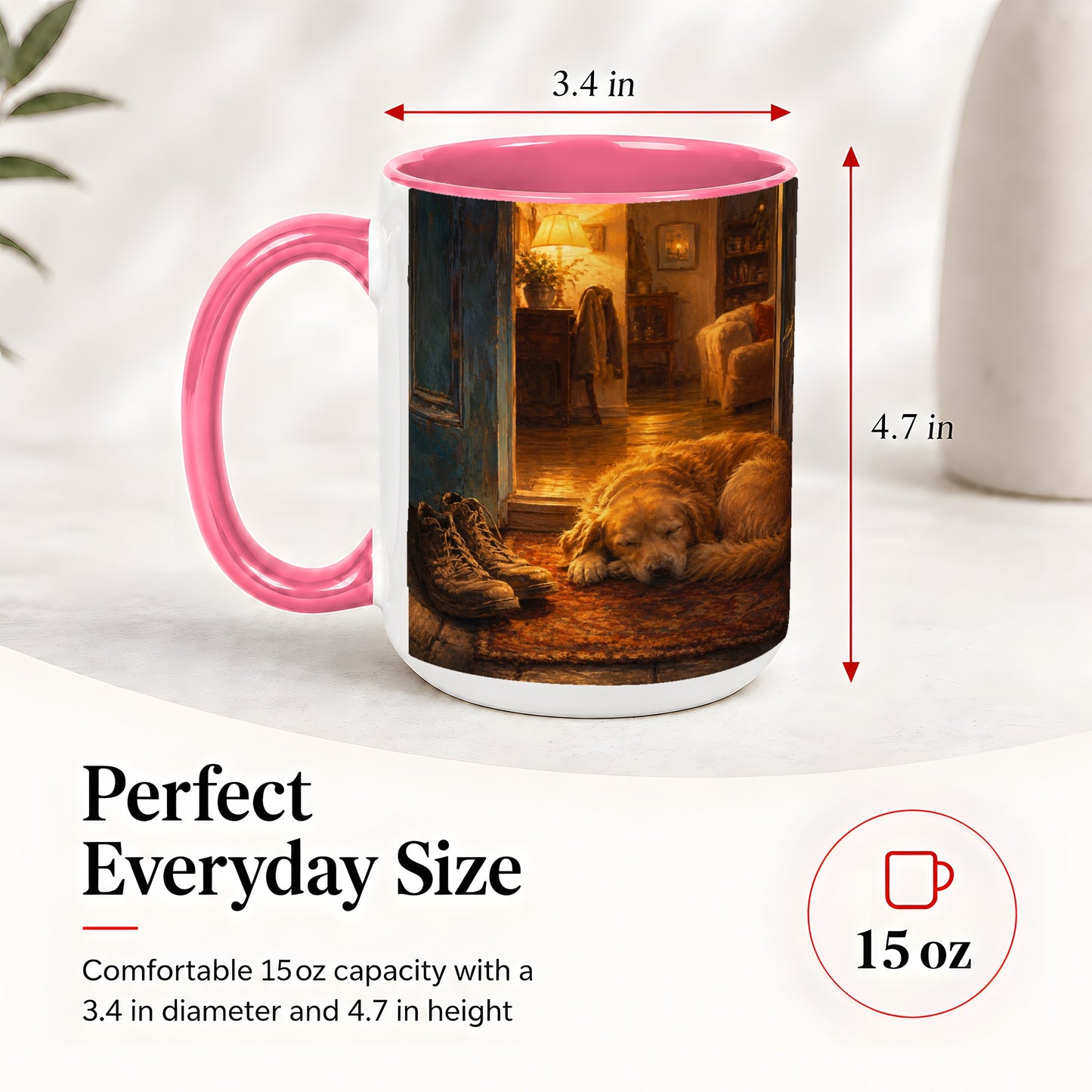 #pl[15oz|Pink] Sleeping Dog Homecoming Ceramic Mug, Cozy Entryway Art