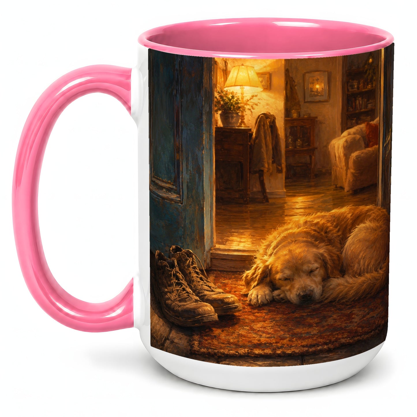#pl[15oz|Pink] Sleeping Dog Homecoming Ceramic Mug, Cozy Entryway Art