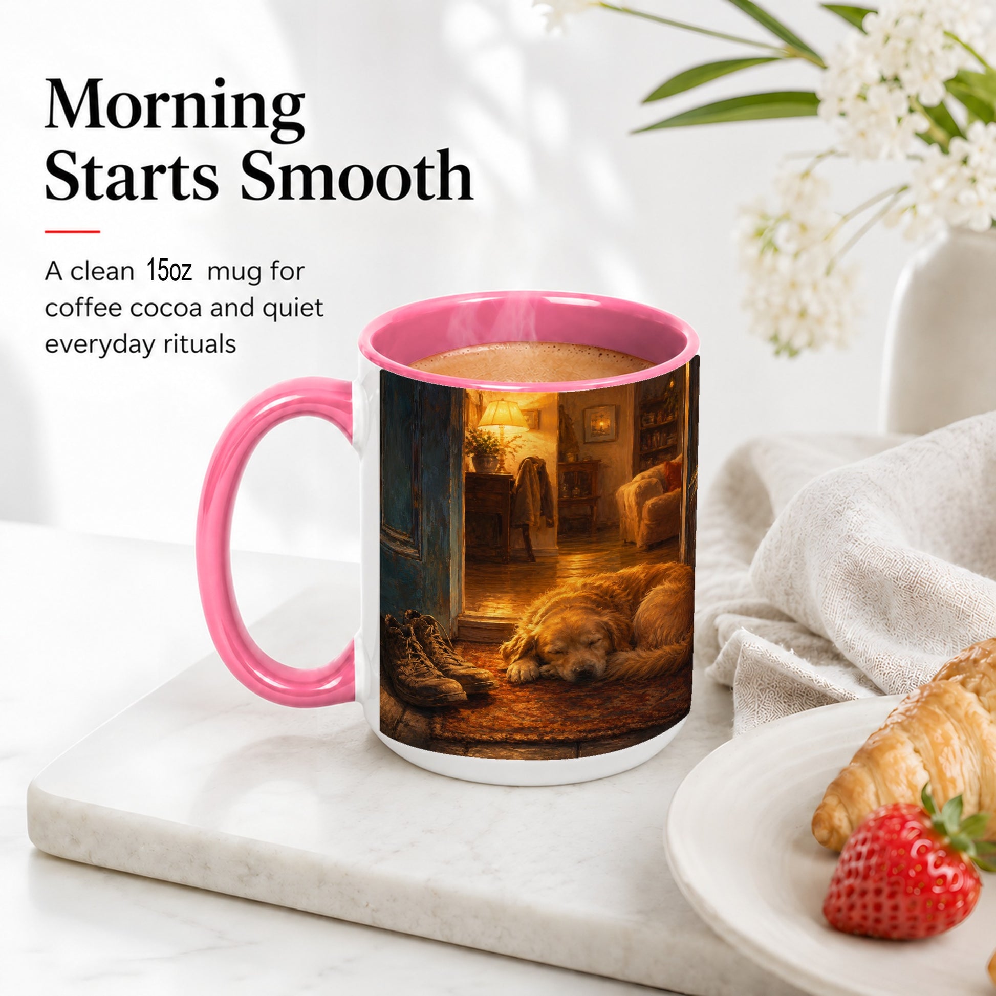 #pl[15oz|Pink] Sleeping Dog Homecoming Ceramic Mug, Cozy Entryway Art