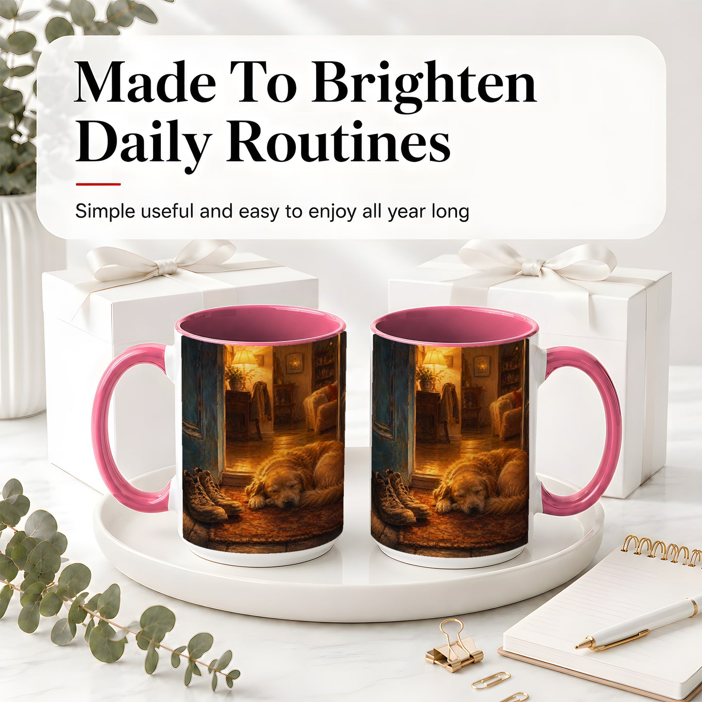 #pl[15oz|Pink] Sleeping Dog Homecoming Ceramic Mug, Cozy Entryway Art