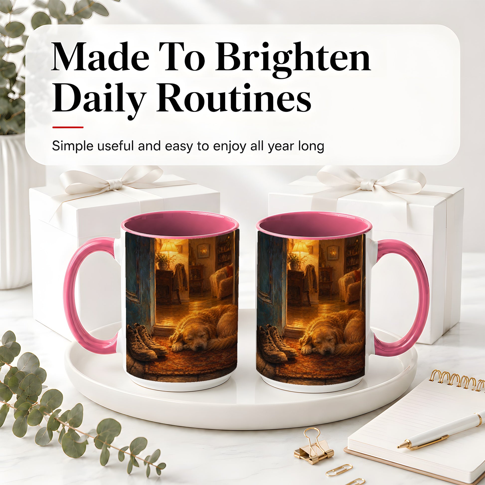 #pl[15oz|Pink] Sleeping Dog Homecoming Ceramic Mug, Cozy Entryway Art