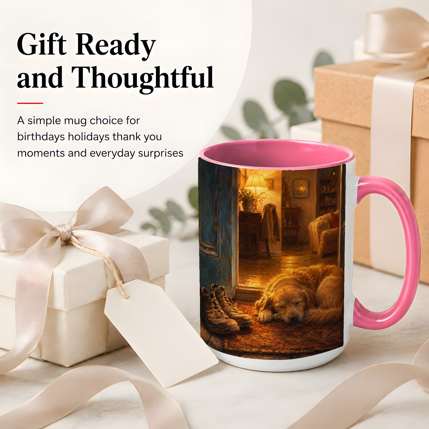 #pl[15oz|Pink] Sleeping Dog Homecoming Ceramic Mug, Cozy Entryway Art