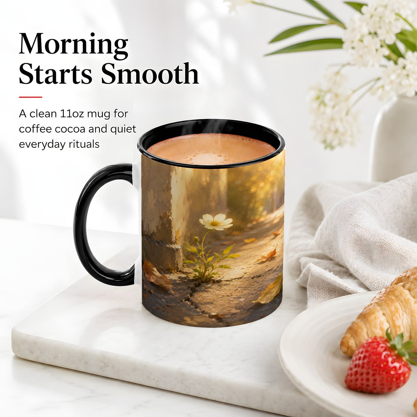 #pl[11oz|Black] Resilient White Flower Ceramic Mug, Hopeful Nature Art