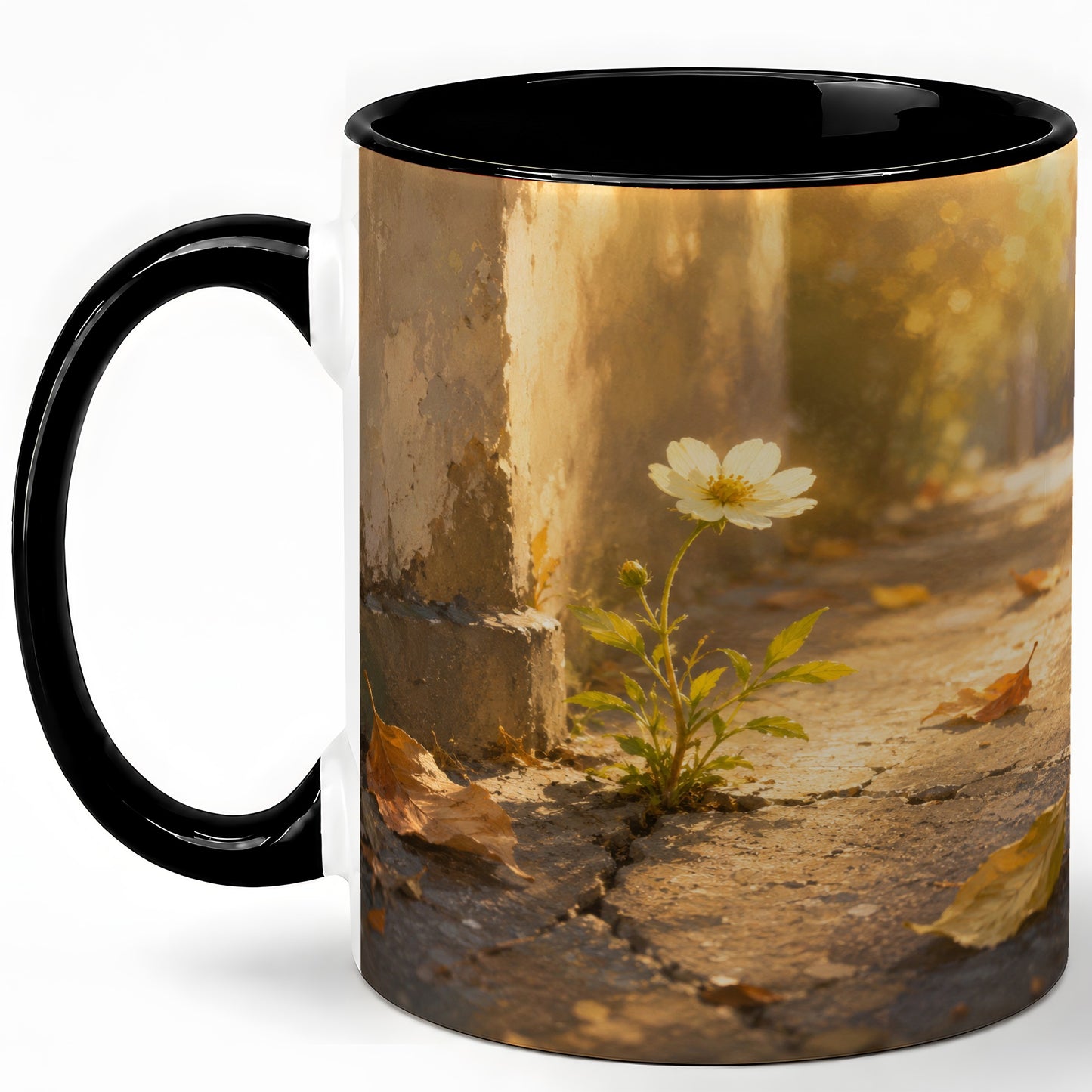 #pl[11oz|Black] Resilient White Flower Ceramic Mug, Hopeful Nature Art
