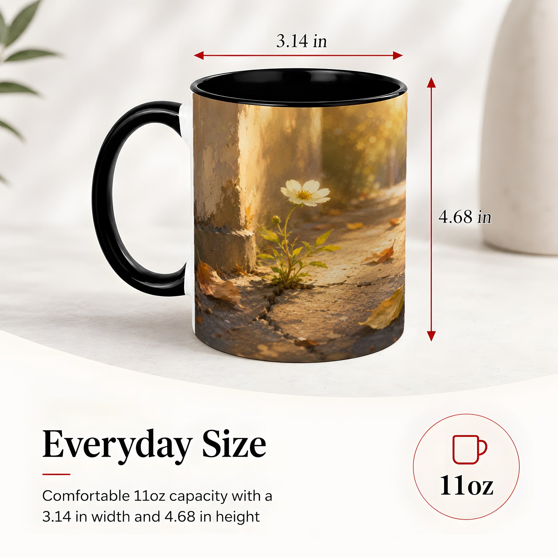 #pl[11oz|Black] Resilient White Flower Ceramic Mug, Hopeful Nature Art