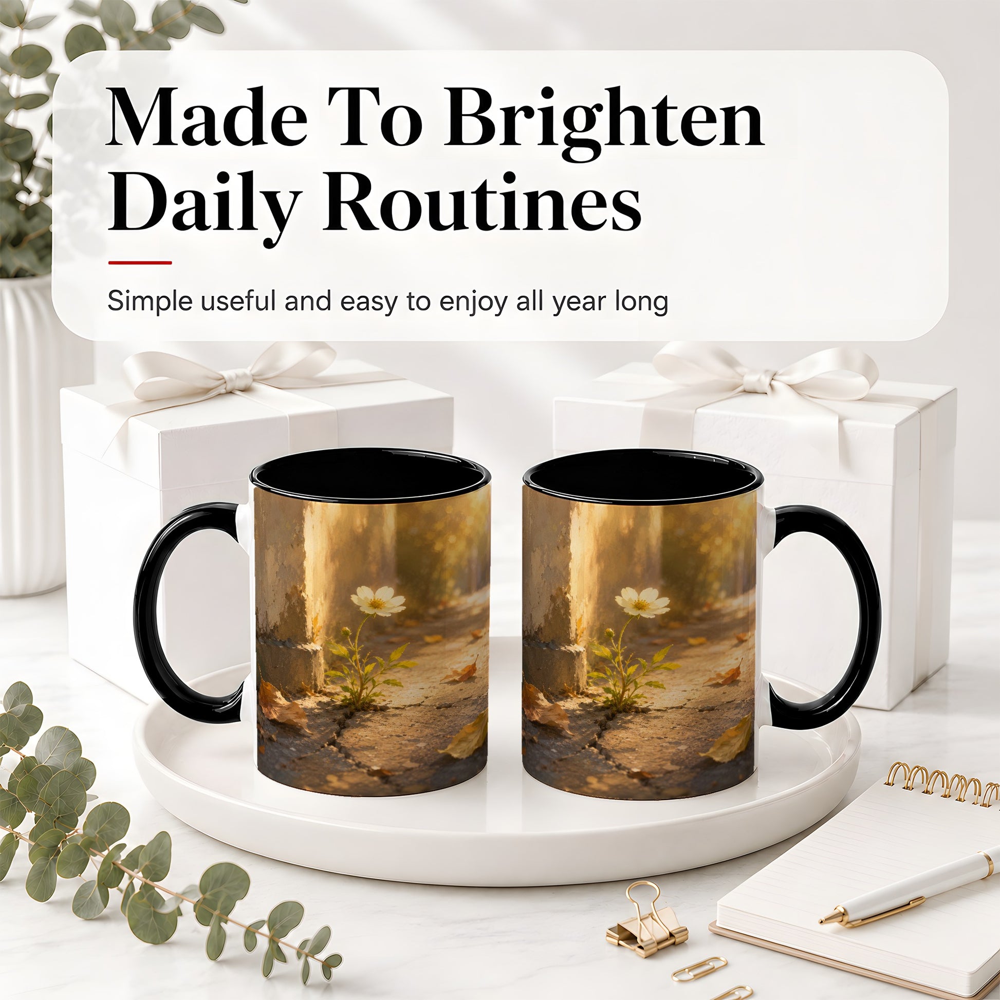 #pl[11oz|Black] Resilient White Flower Ceramic Mug, Hopeful Nature Art