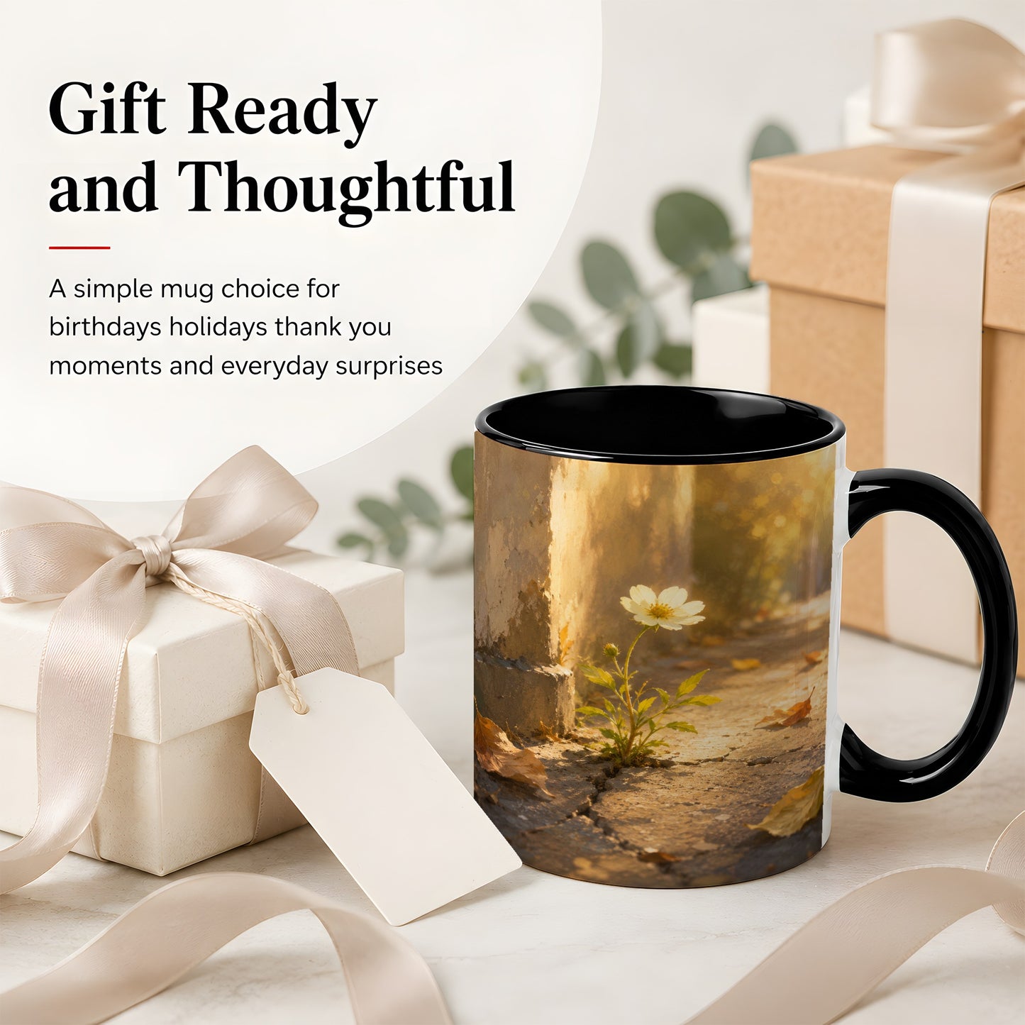 #pl[11oz|Black] Resilient White Flower Ceramic Mug, Hopeful Nature Art