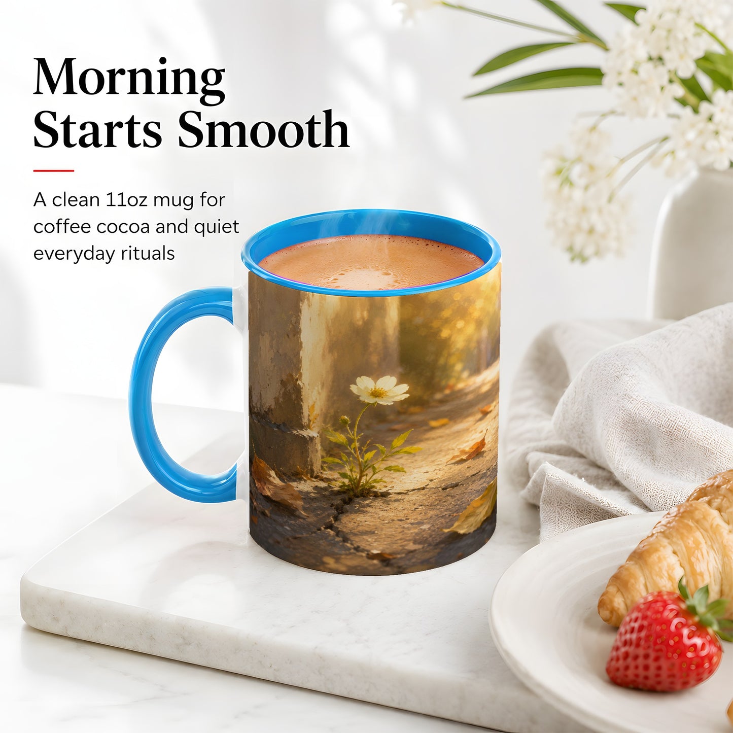 #pl[11oz|Blue] Resilient White Flower Ceramic Mug, Hopeful Nature Art