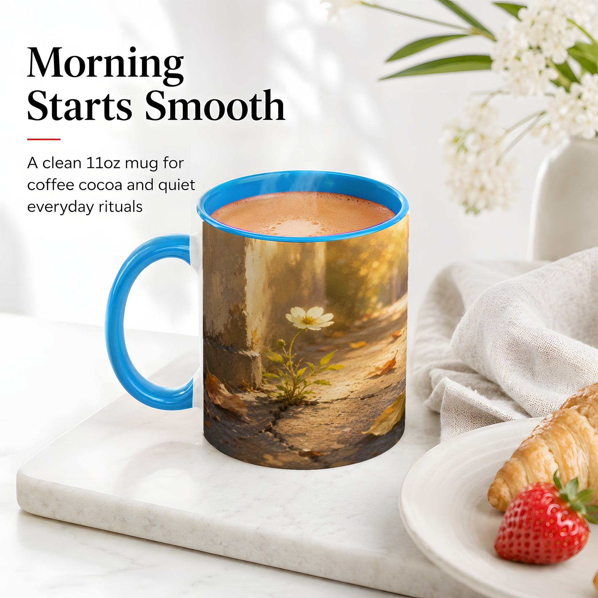 #pl[11oz|Blue] Resilient White Flower Ceramic Mug, Hopeful Nature Art
