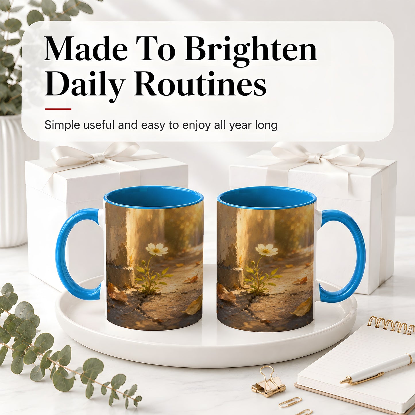 #pl[11oz|Blue] Resilient White Flower Ceramic Mug, Hopeful Nature Art