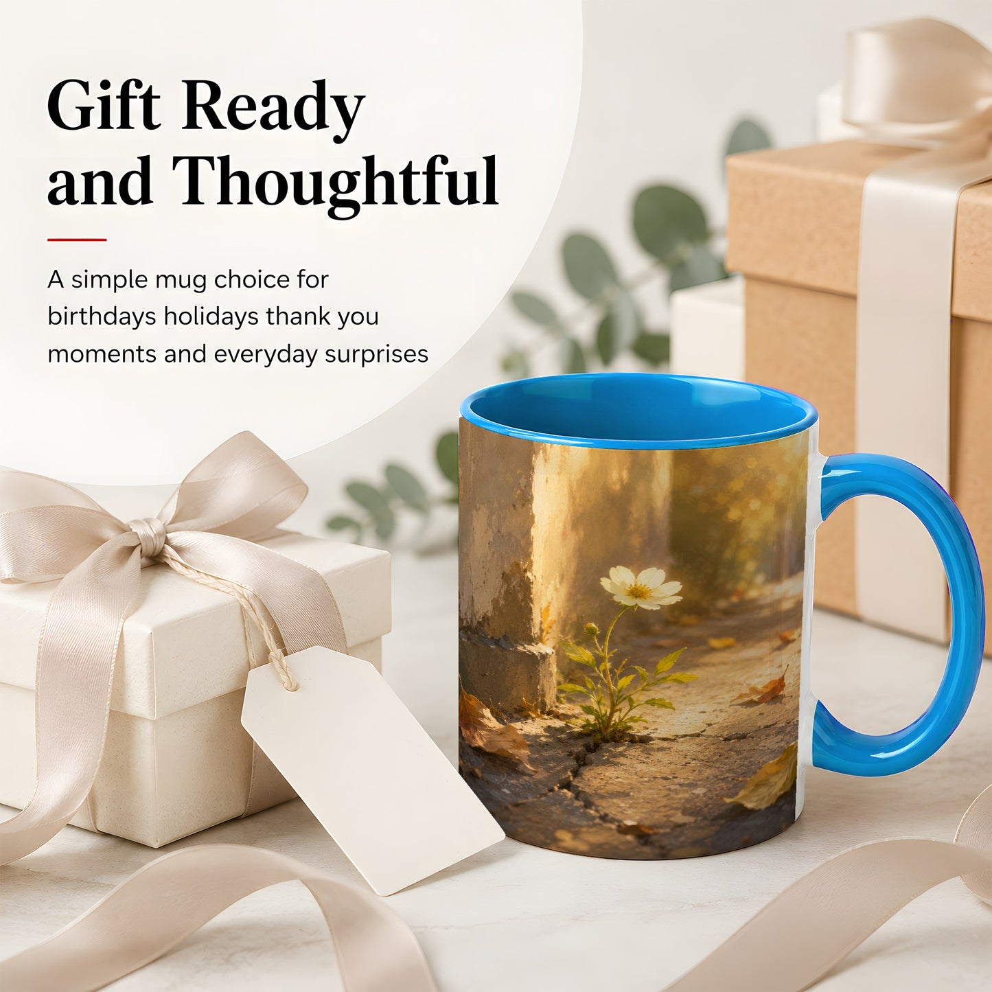 #pl[11oz|Blue] Resilient White Flower Ceramic Mug, Hopeful Nature Art