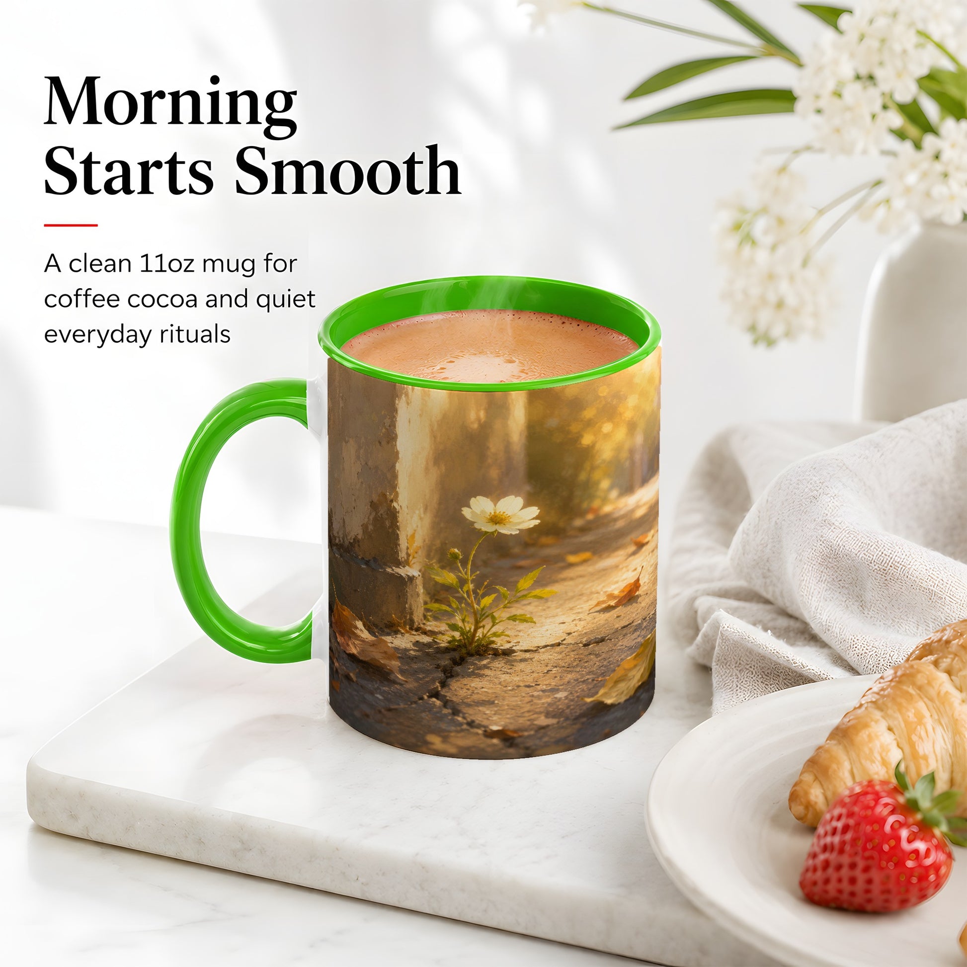 #pl[11oz|Green] Resilient White Flower Ceramic Mug, Hopeful Nature Art