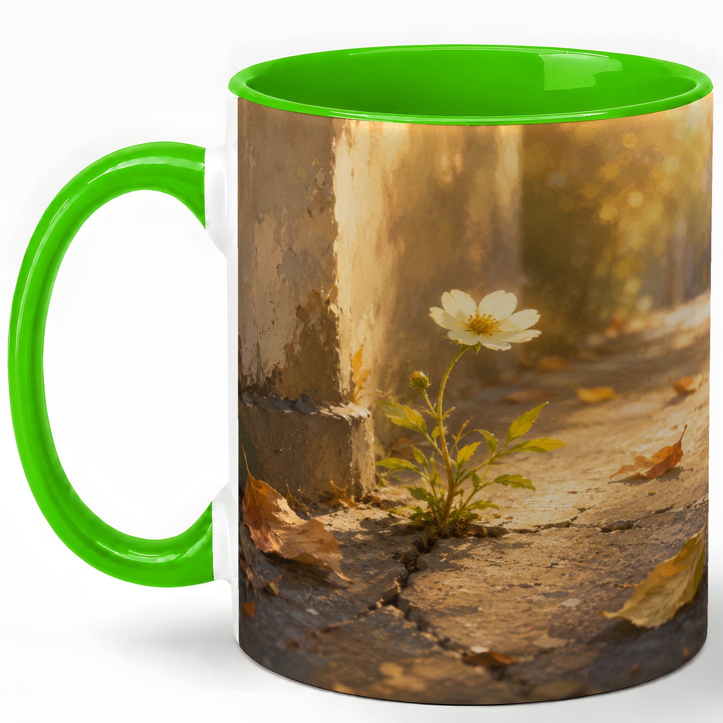 #pl[11oz|Green] Resilient White Flower Ceramic Mug, Hopeful Nature Art