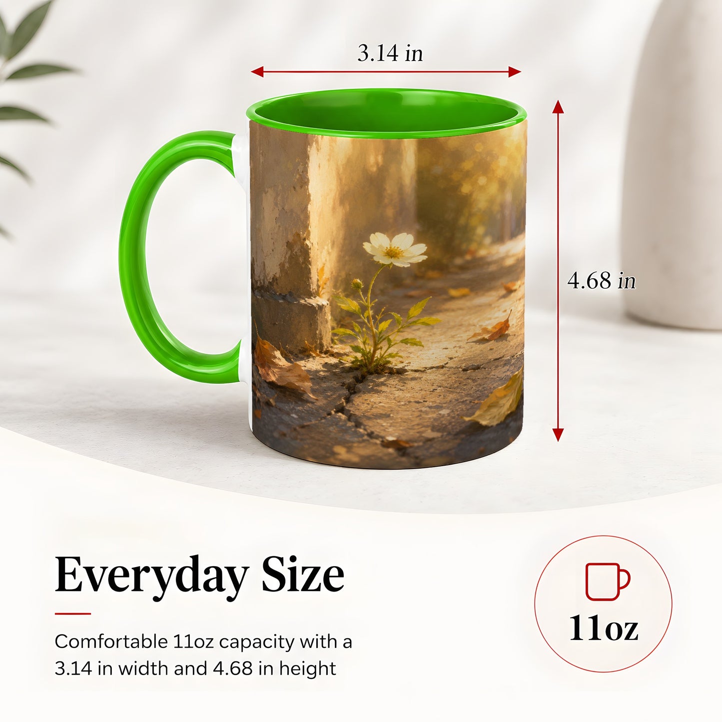 #pl[11oz|Green] Resilient White Flower Ceramic Mug, Hopeful Nature Art