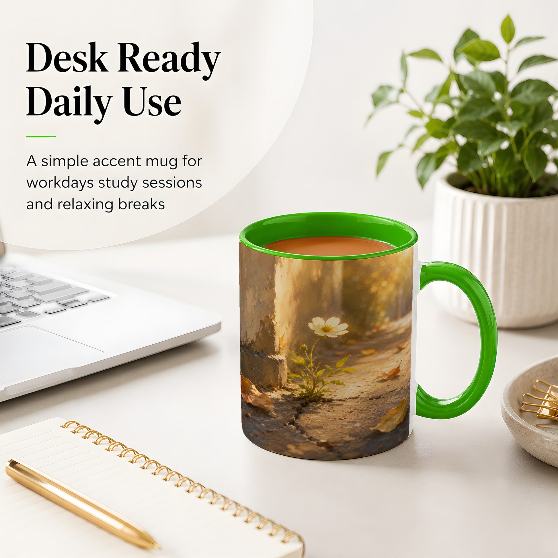 #pl[11oz|Green] Resilient White Flower Ceramic Mug, Hopeful Nature Art